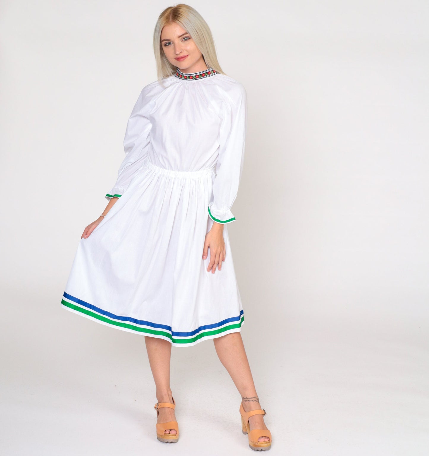 70s White Floral Midi Dress Raglan Sleeve High Waist Cotton Extra Small