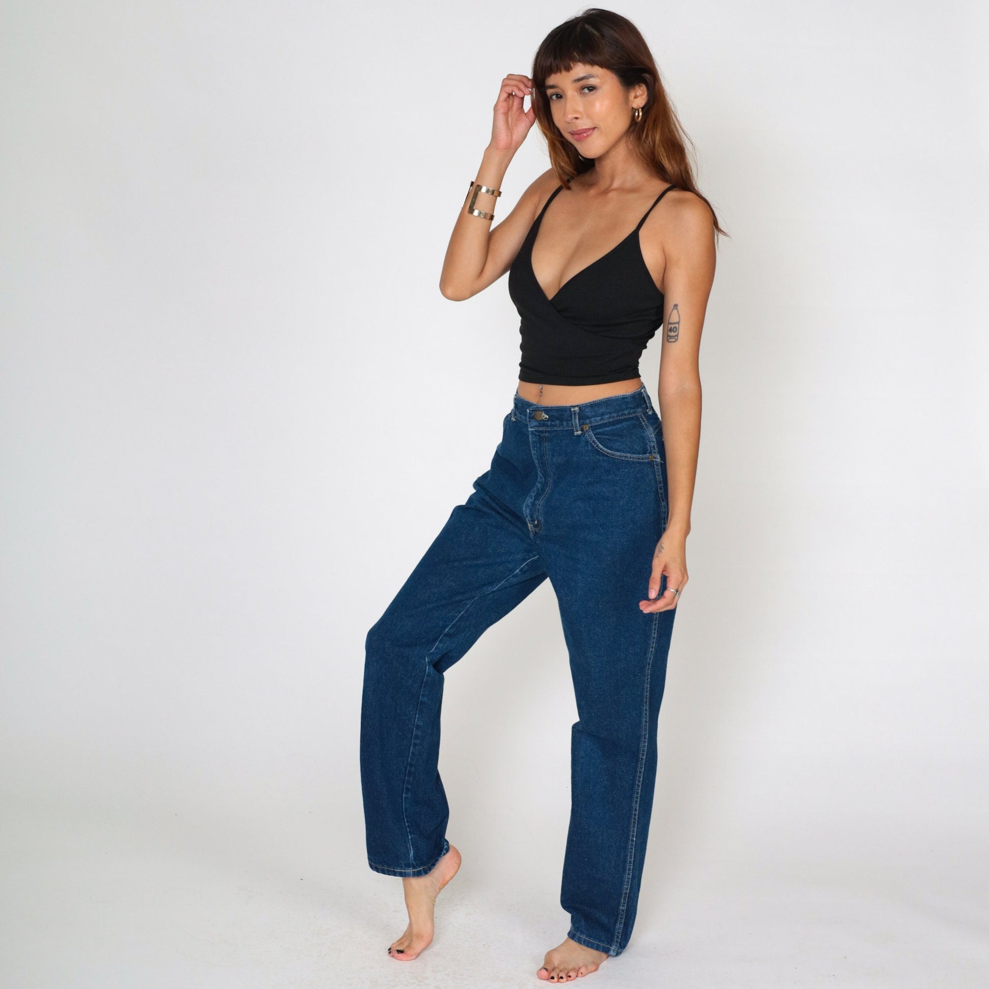 80s Dark Wash High Waisted Jeans Straight Leg Tapered Cotton Denim Medium