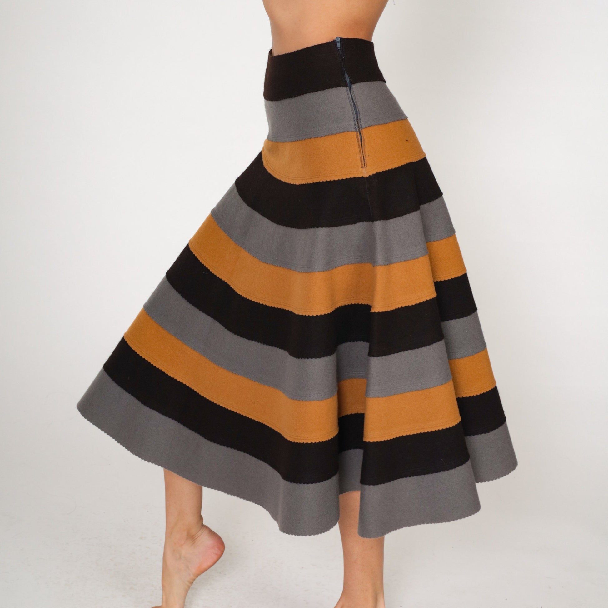 90s Wool Striped Midi Skirt High Waist A-Line Black Brown Grey Medium