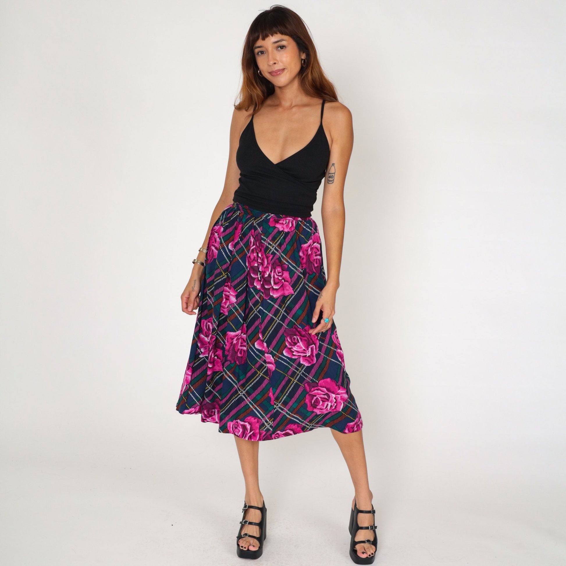 80s Plaid Floral Midi Skirt Purple Blue High Waist Pockets Small