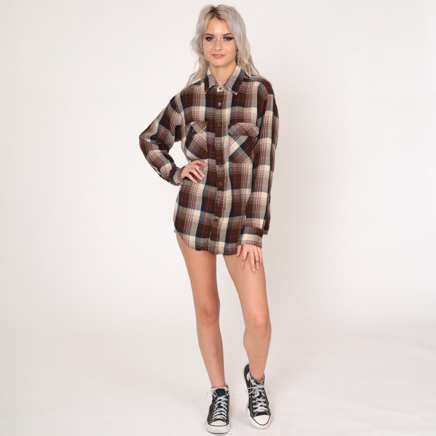 80s Sears Plaid Flannel Button-Up Shirt Brown Cream Navy Tall Medium