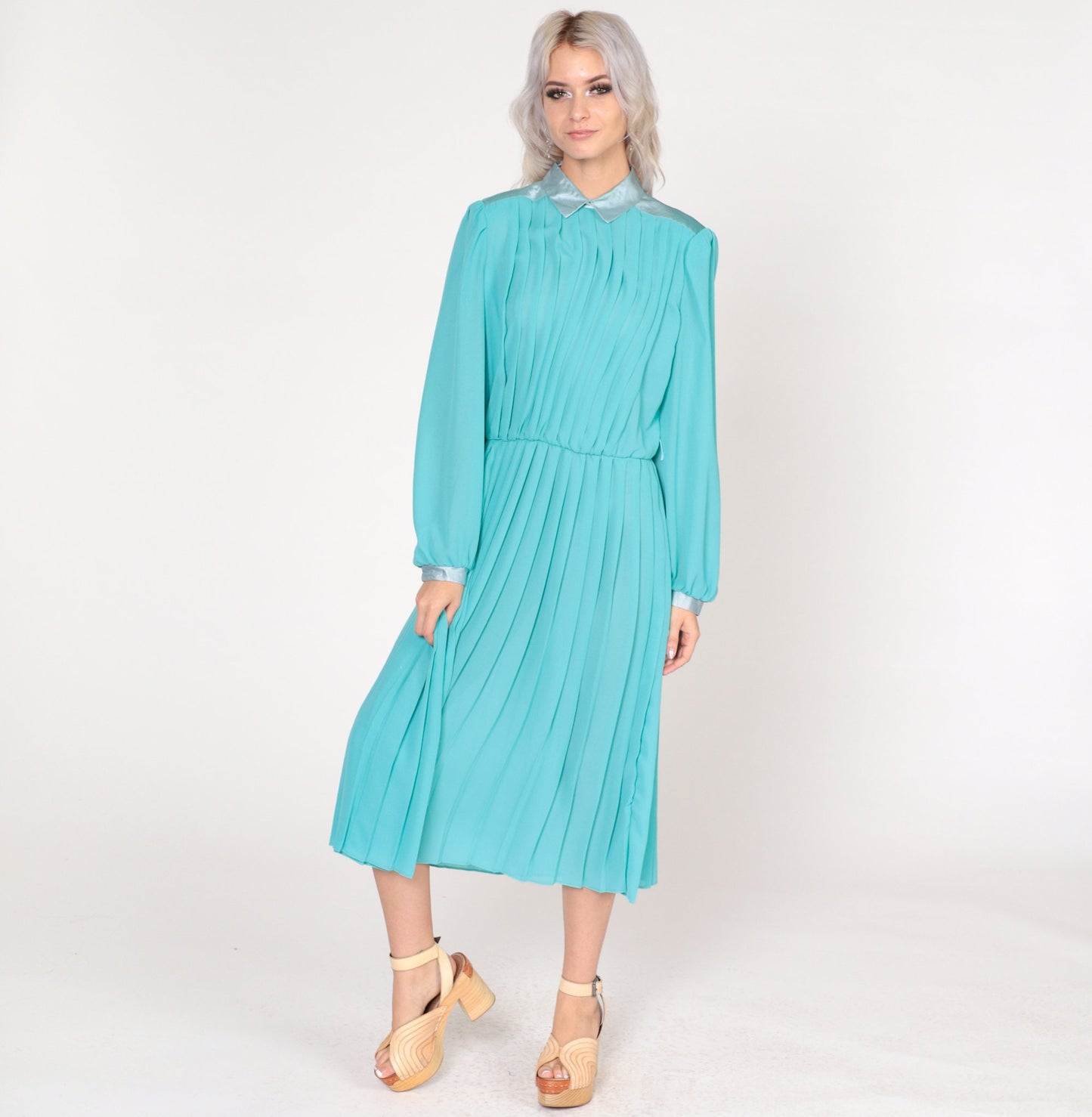 70s Aqua Blue Pleated Midi Dress Collared Puff Sleeve High Waisted Large L