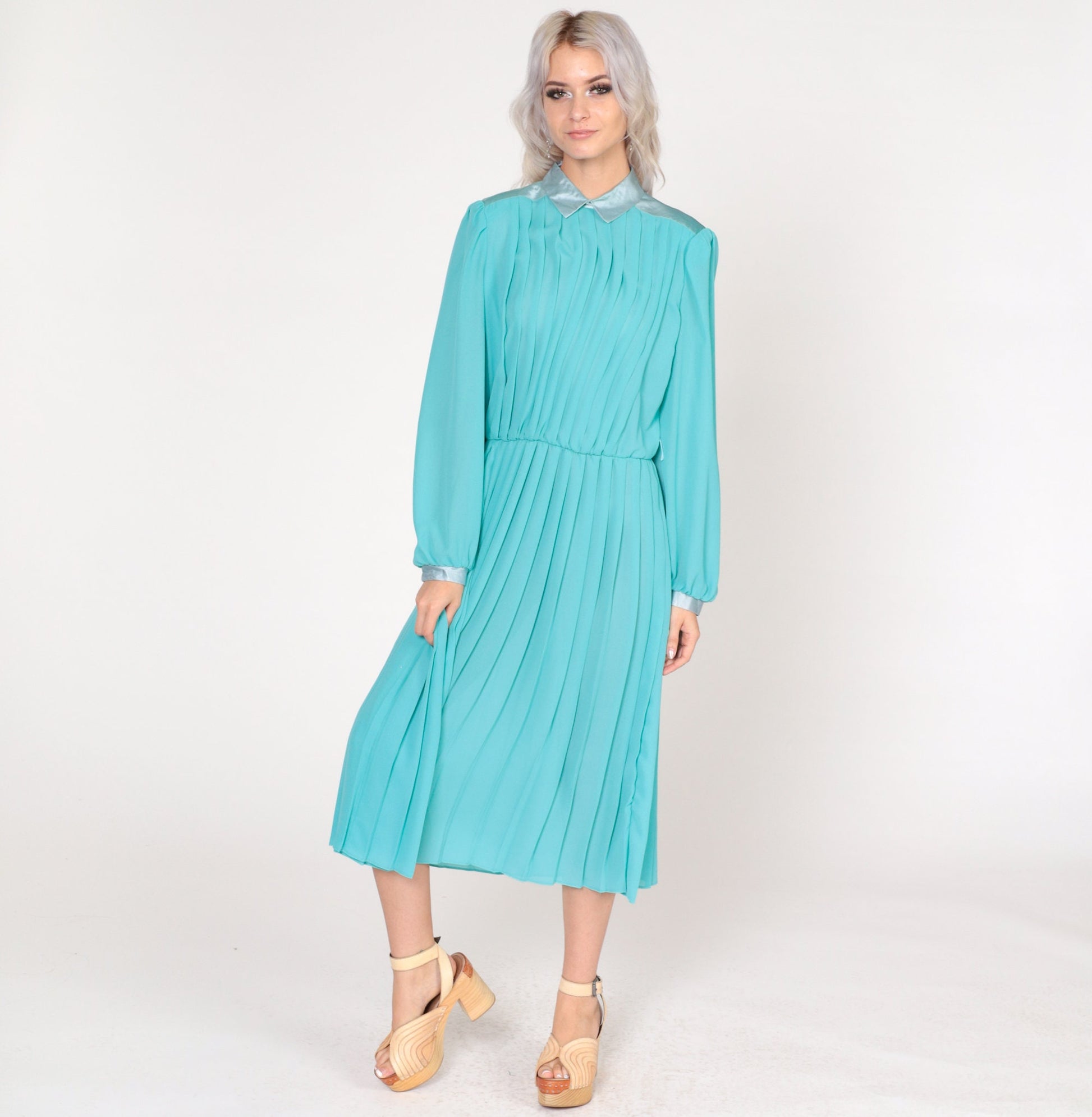 70s Aqua Blue Pleated Midi Dress Collared Puff Sleeve High Waisted Large L