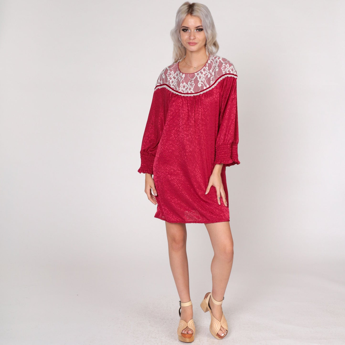 70s Red Mini Dress Lace Bib Embossed Leaf Print Long Sleeve Medium