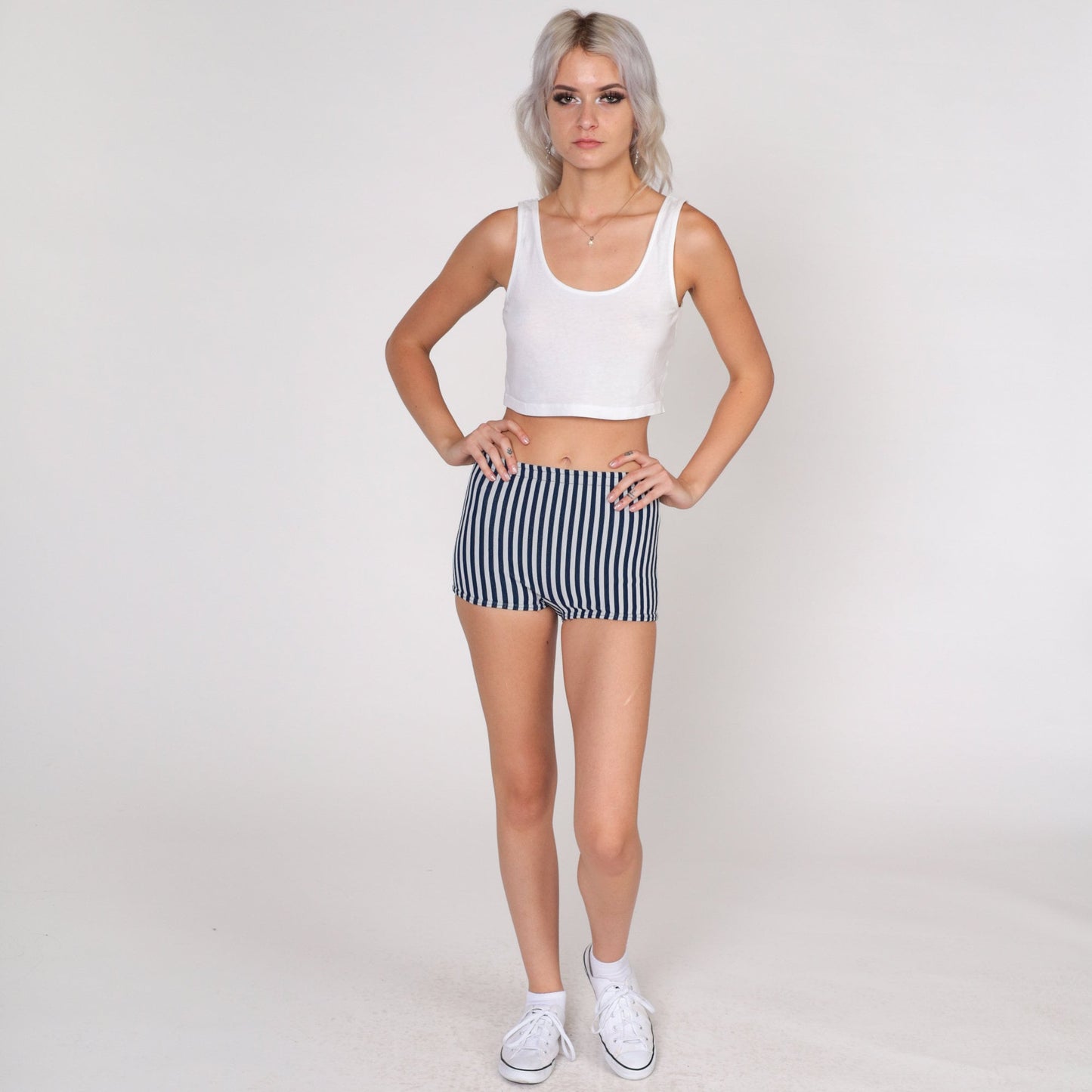70s Striped Hotpants Blue Grey Shorts Elastic Waist XXS
