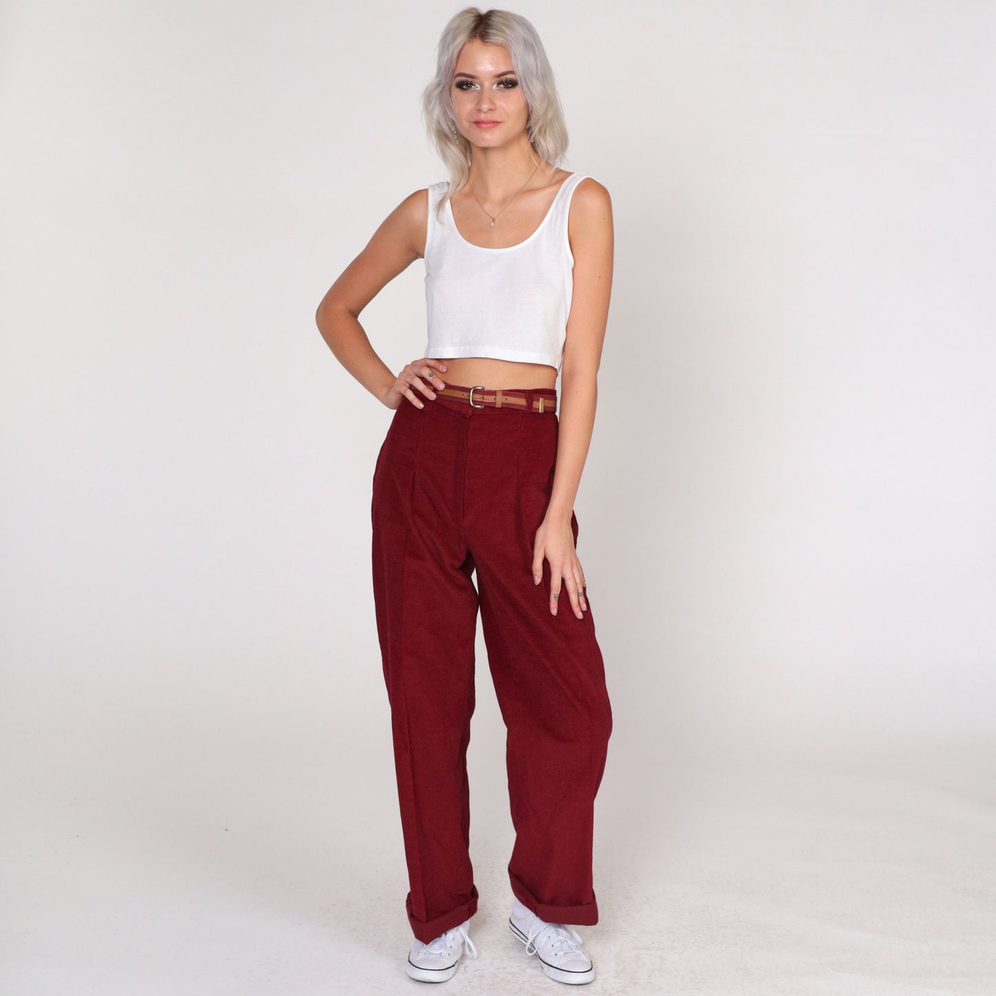 70s Bobbie Brooks Dark Red Corduroy Pants Pleated High Waist Straight Leg Extra Small