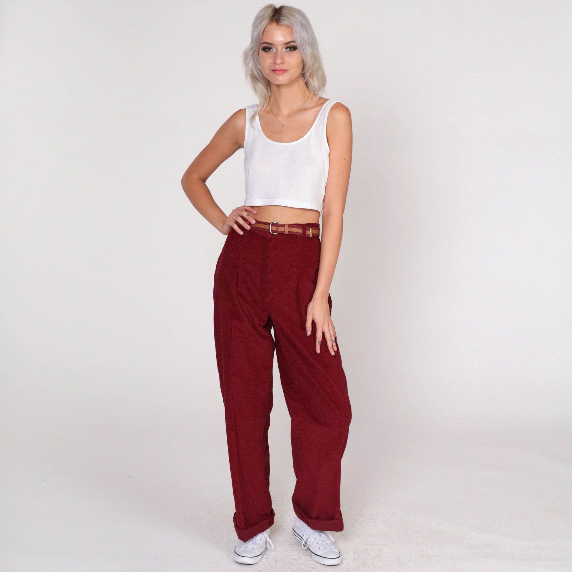 70s Bobbie Brooks Dark Red Corduroy Pants Pleated High Waist Straight Leg Extra Small