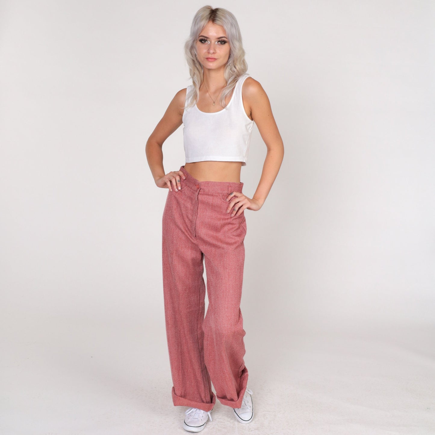 70s Heather Red High-Waisted Wide Leg Trousers Cuffed Straight Small S