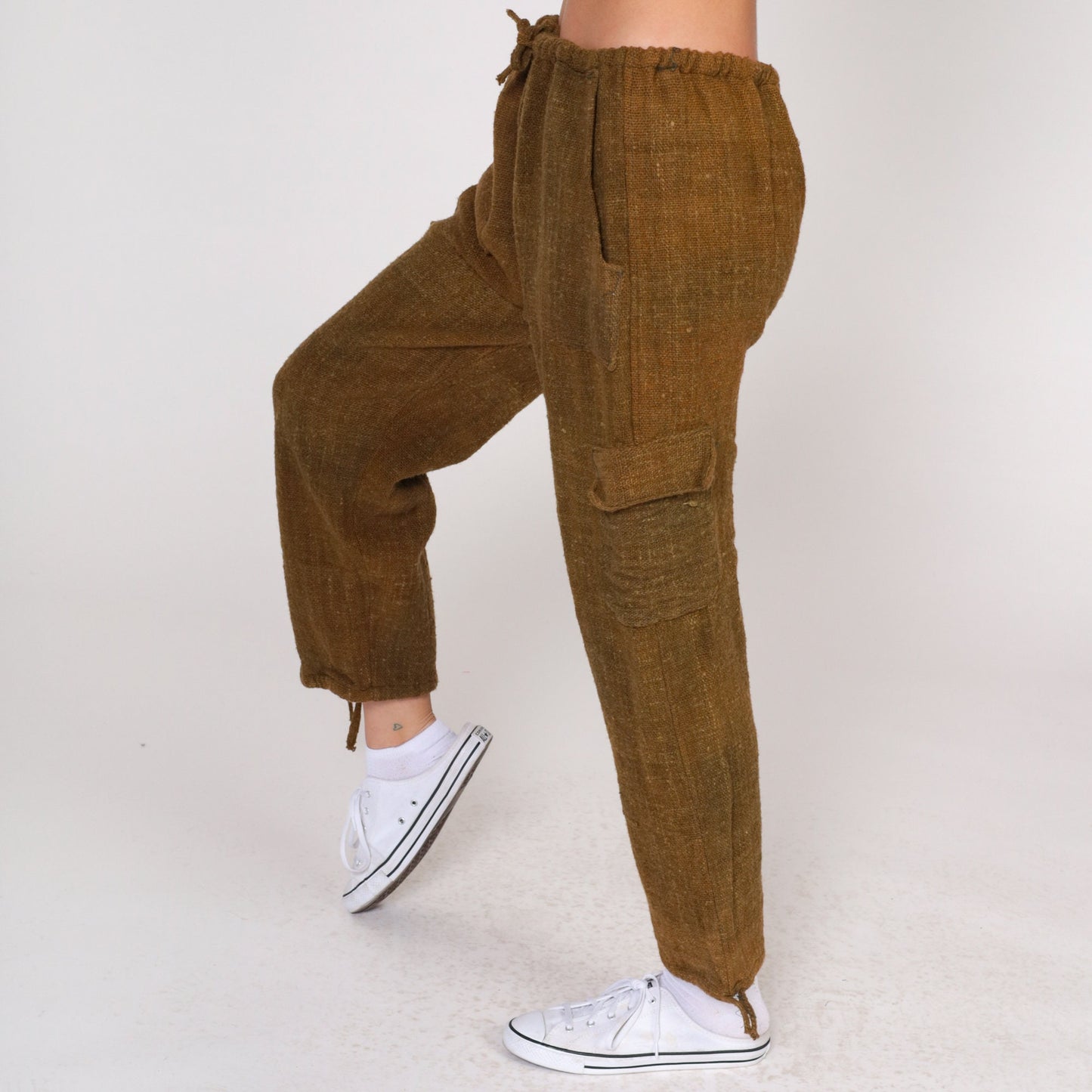 70s Brown Wool Cargo Pants Drawstring Waist Straight Leg Medium Large