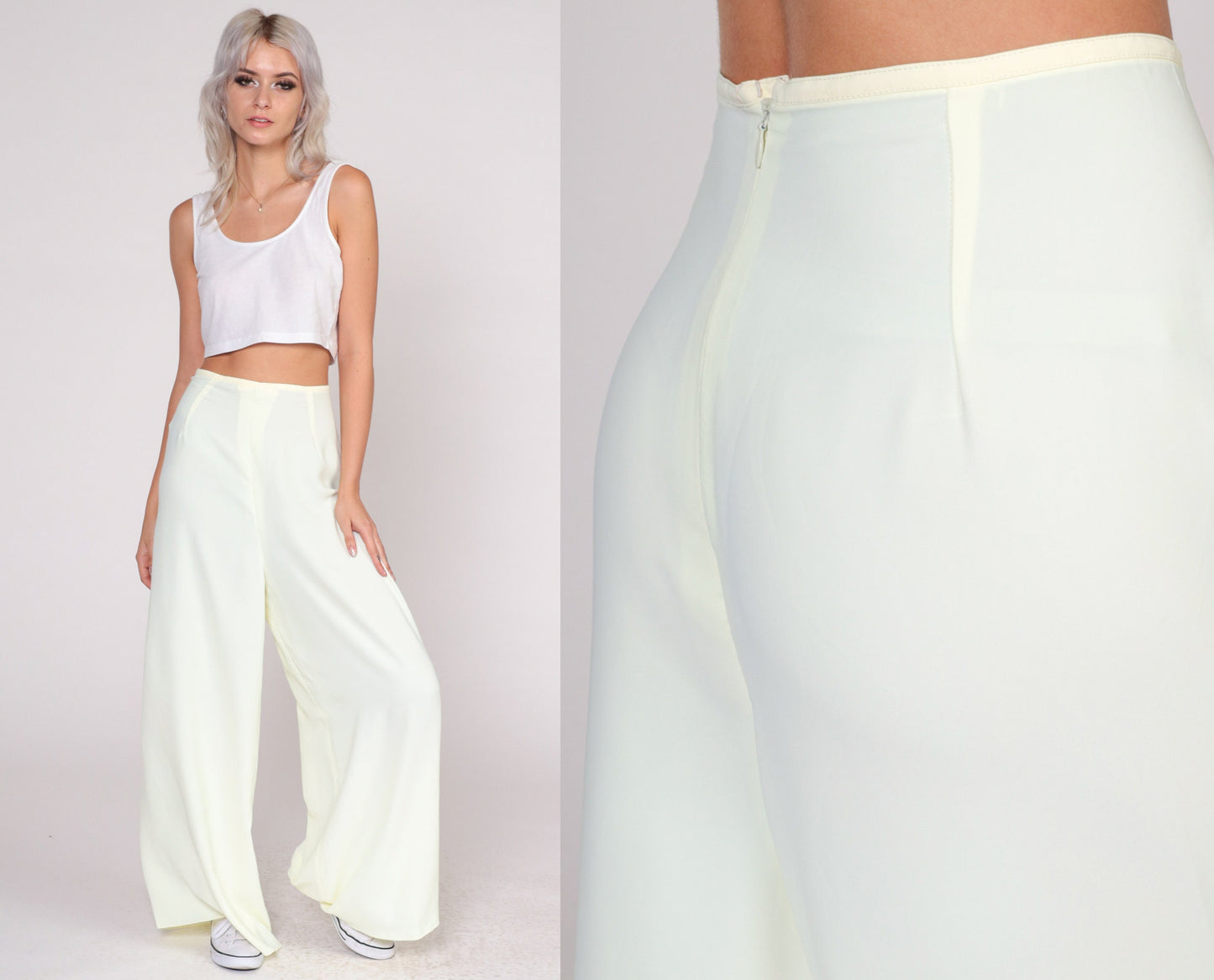 70s Pale Yellow Wide Leg Palazzo Pants High Waist Bell Bottom Medium