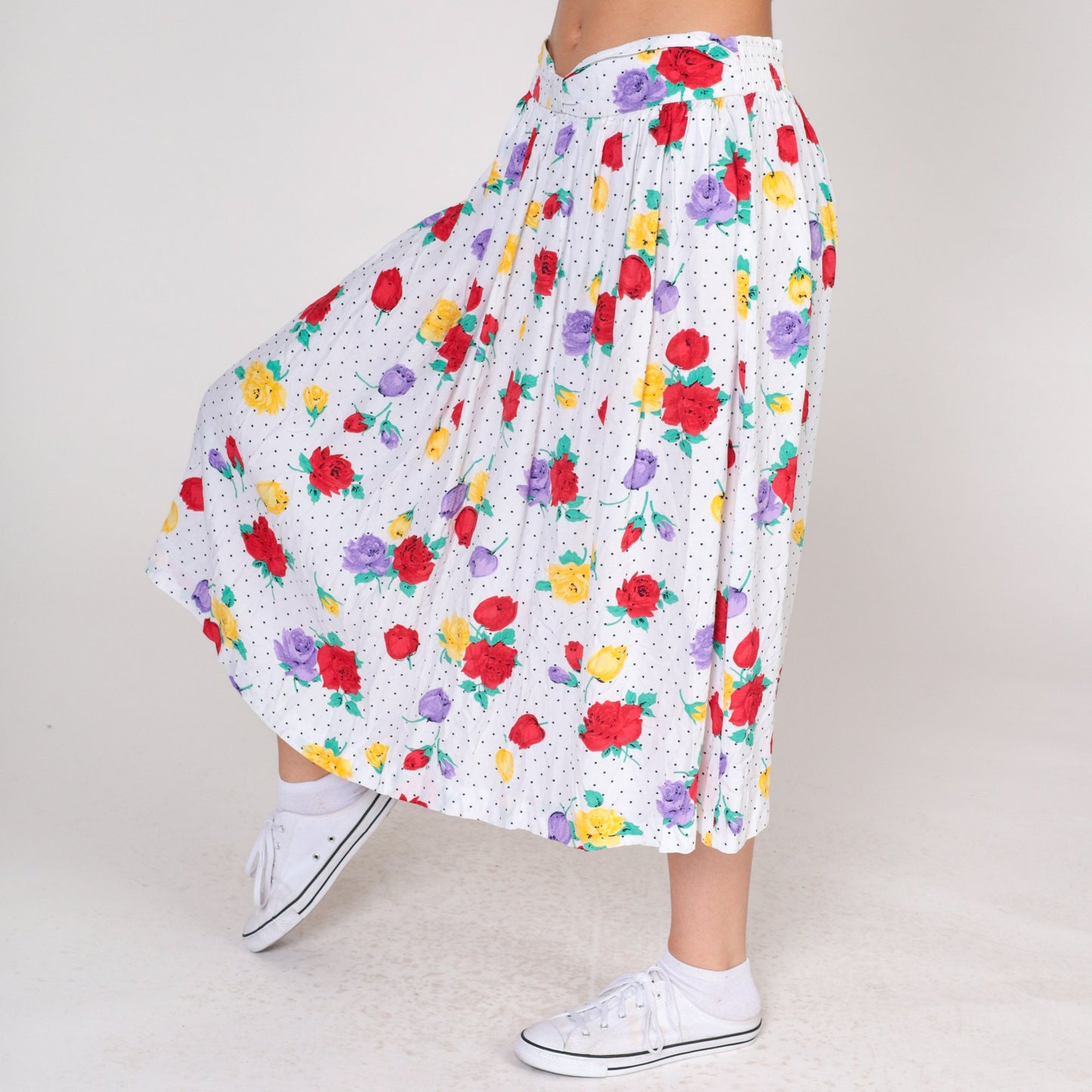 90s Polka Dot Floral Midi Skirt White Black Rose Print Elastic Waist Large
