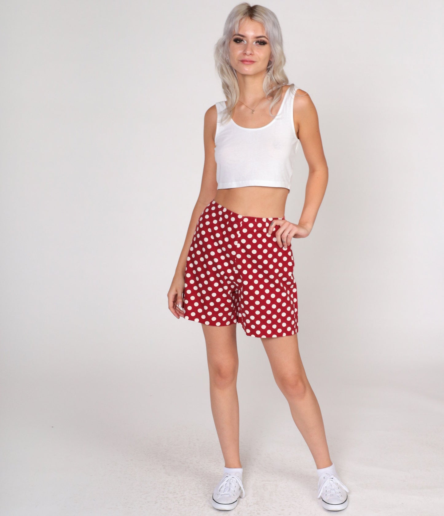 70s Red Polka Dot High-Waist Shorts White Cotton Knee-Length Extra Small