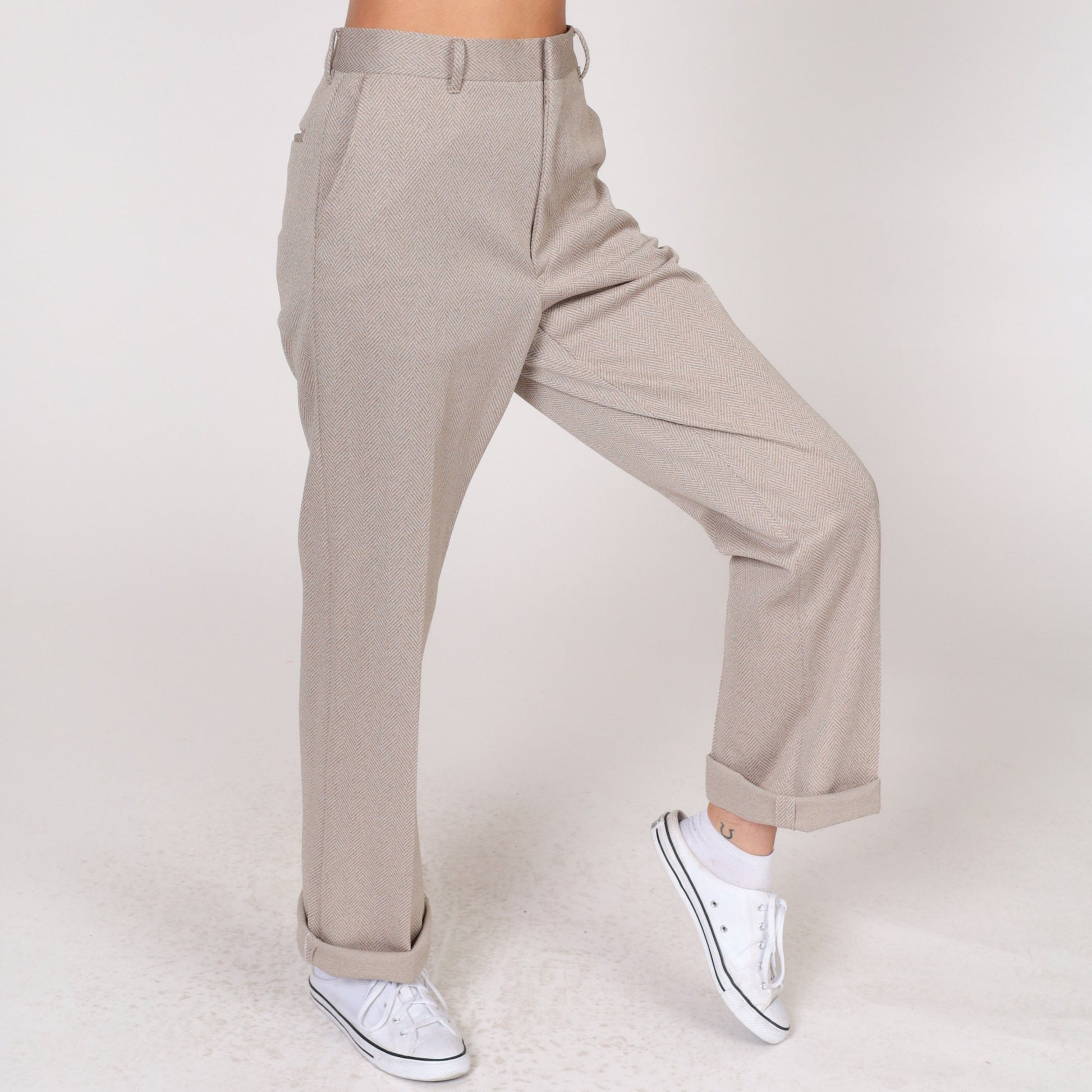 70s Herringbone High-Waisted Straight Trousers Sand Twill Cuffed Medium