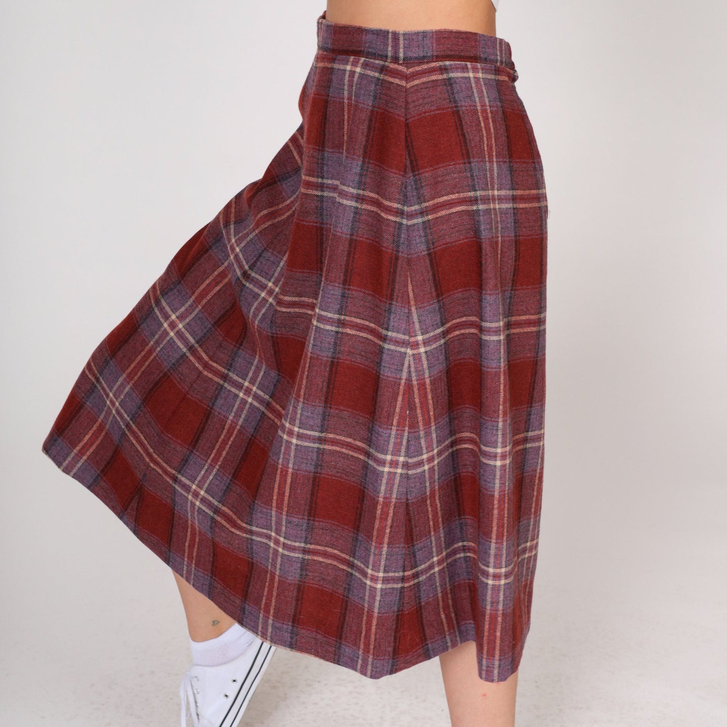 80s Rust Red Plaid Wool Midi Skirt High Waist A-Line Small