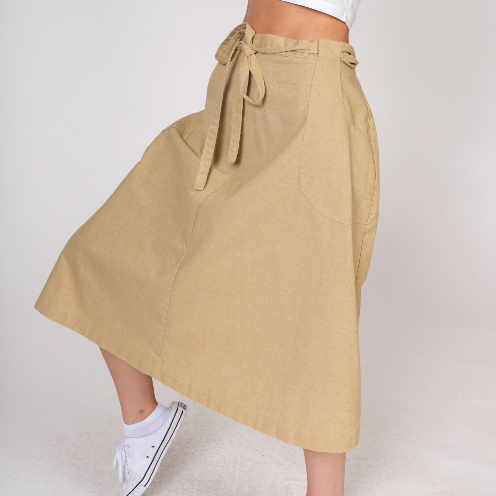 90s Tan Wrap Skirt High Waist Midi Pockets Cotton Medium Large