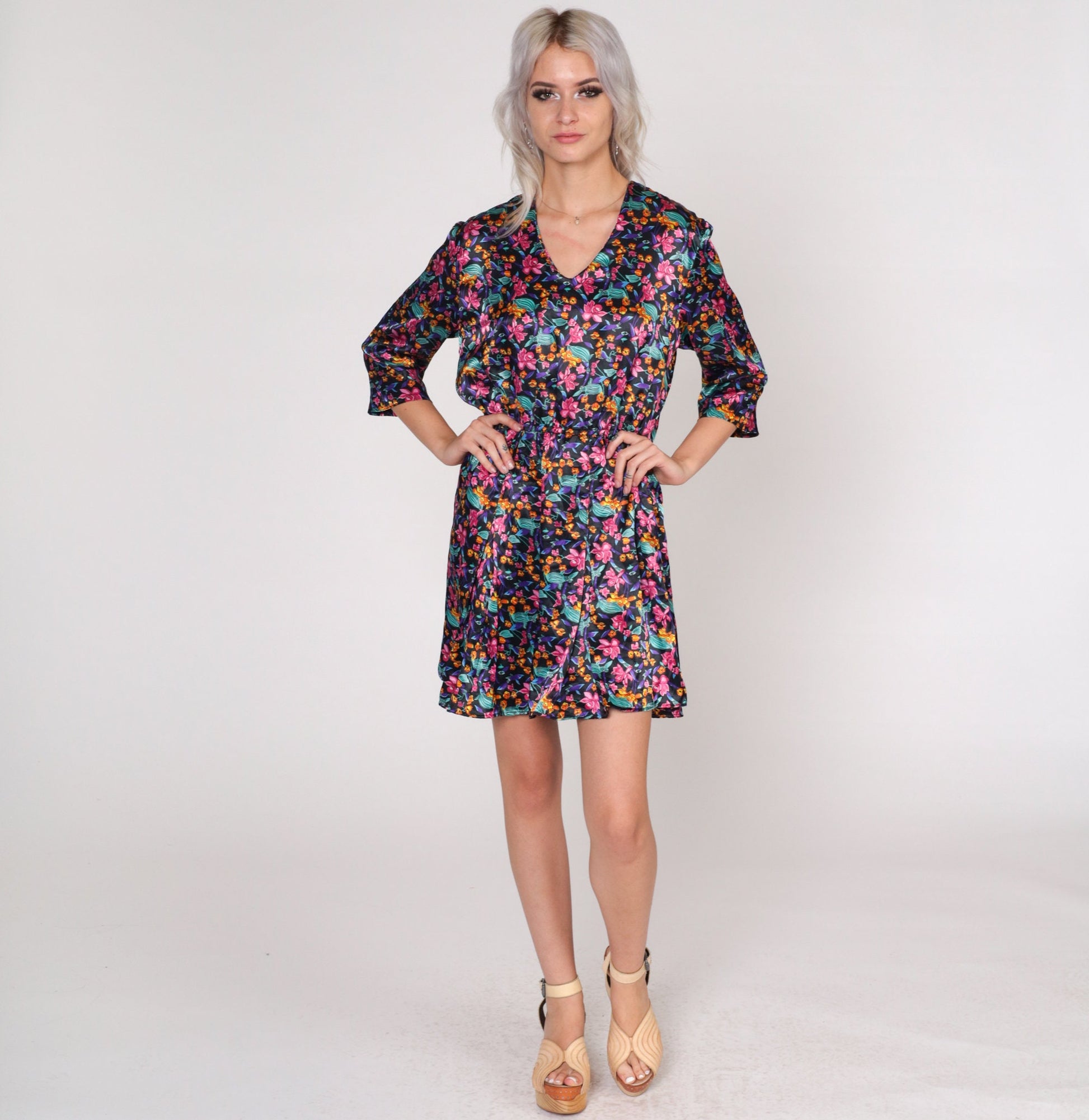 90s Black Floral Satin Mini Dress V-Neck Button Back Medium