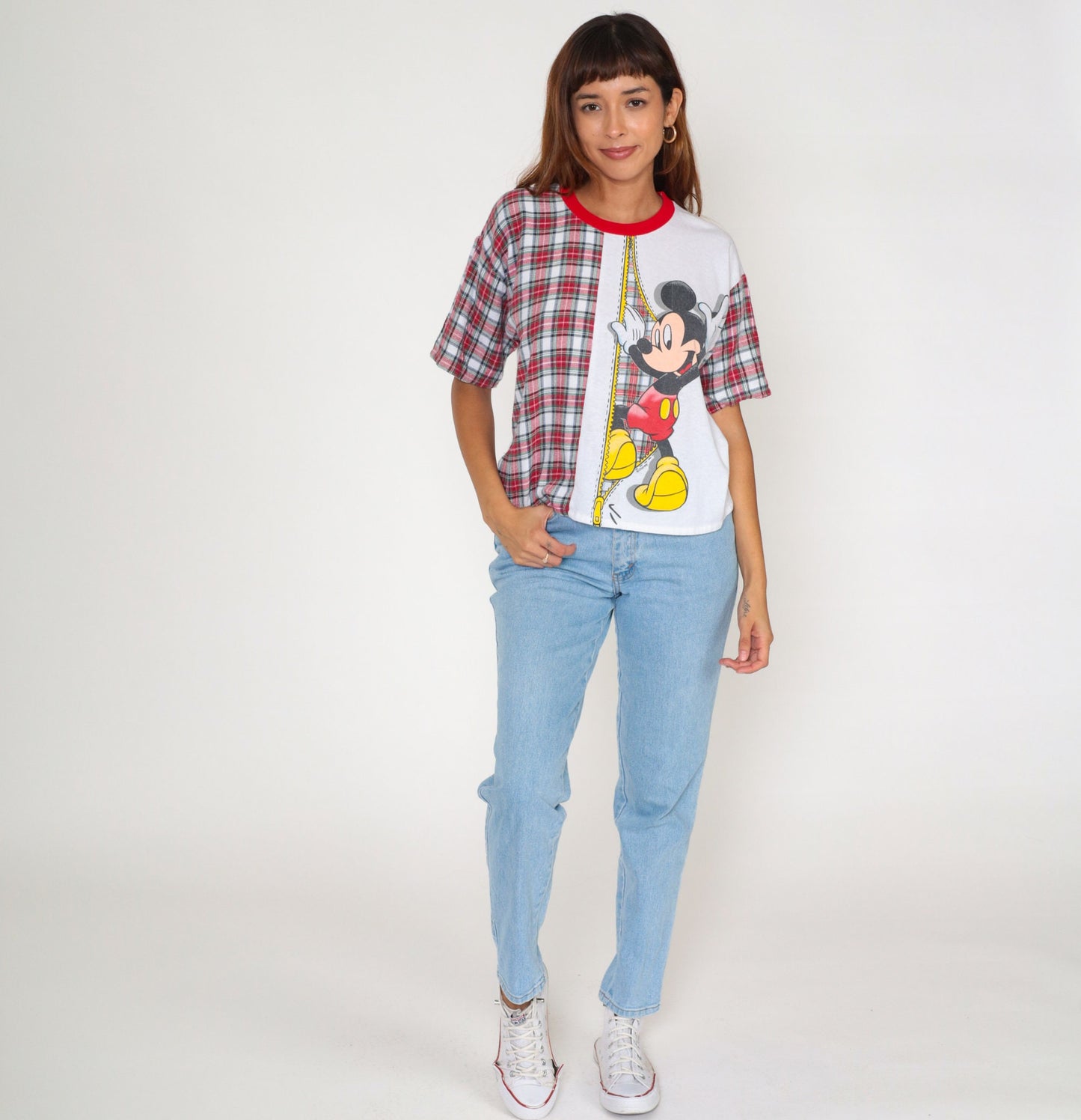 90s Mickey Mouse Ringer T-Shirt Plaid Graphic White Red Small S