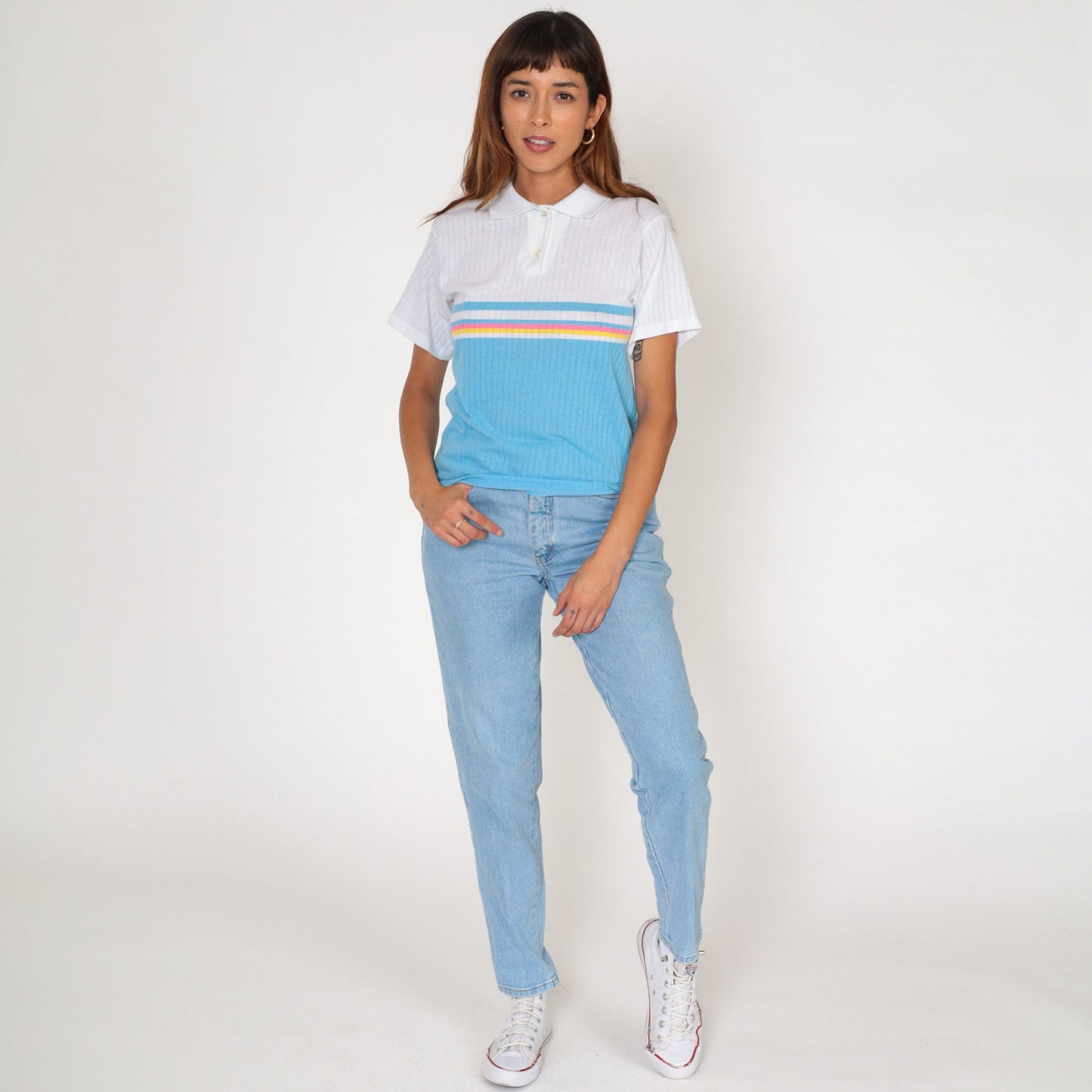 80s Striped Polo Shirt White Blue Pink Yellow Color Block Small