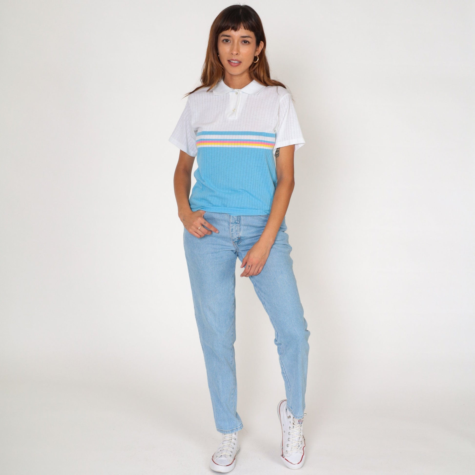 80s Striped Polo Shirt White Blue Pink Yellow Color Block Small