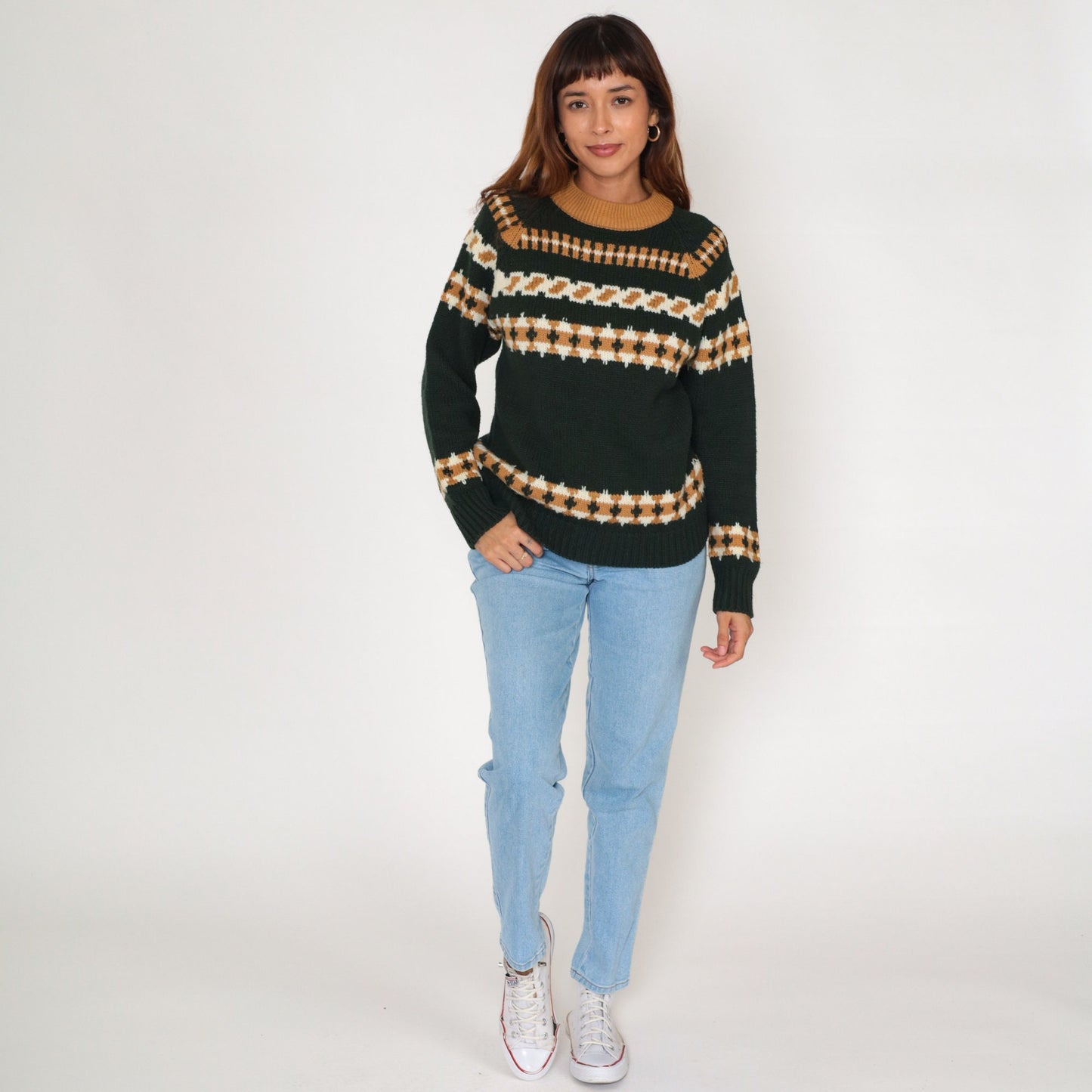 70s Sigallo Geometric Striped Pullover Sweater Green Ringer Crewneck Medium M