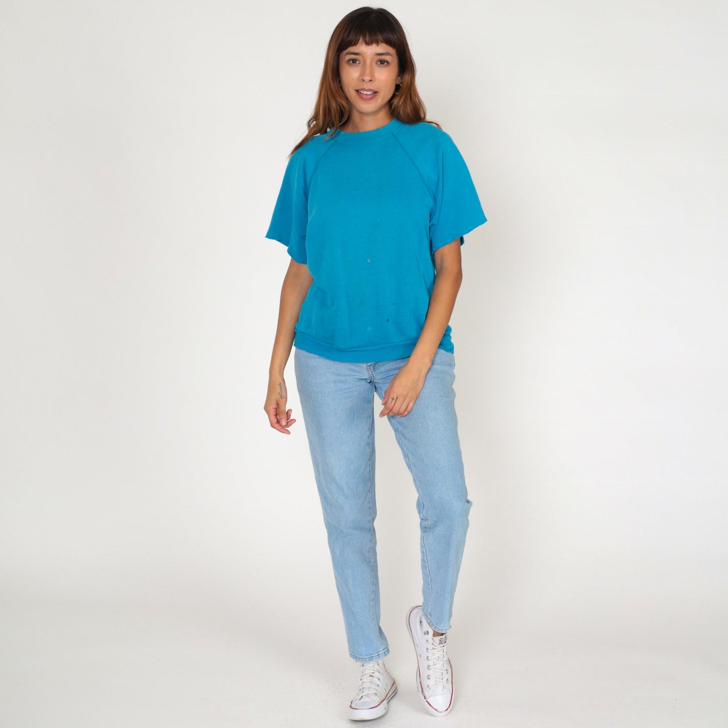 80s Blue Short Sleeve Sweatshirt Raglan Distressed Pullover Large
