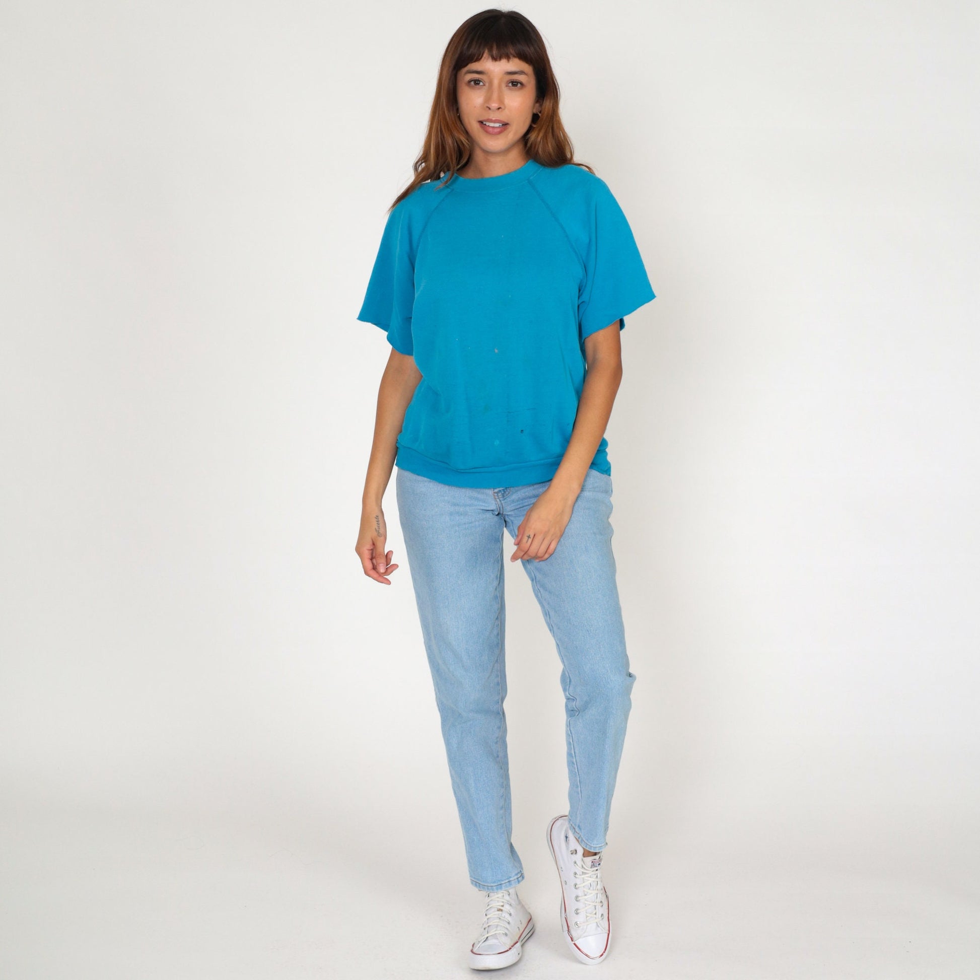 80s Blue Short Sleeve Sweatshirt Raglan Distressed Pullover Large