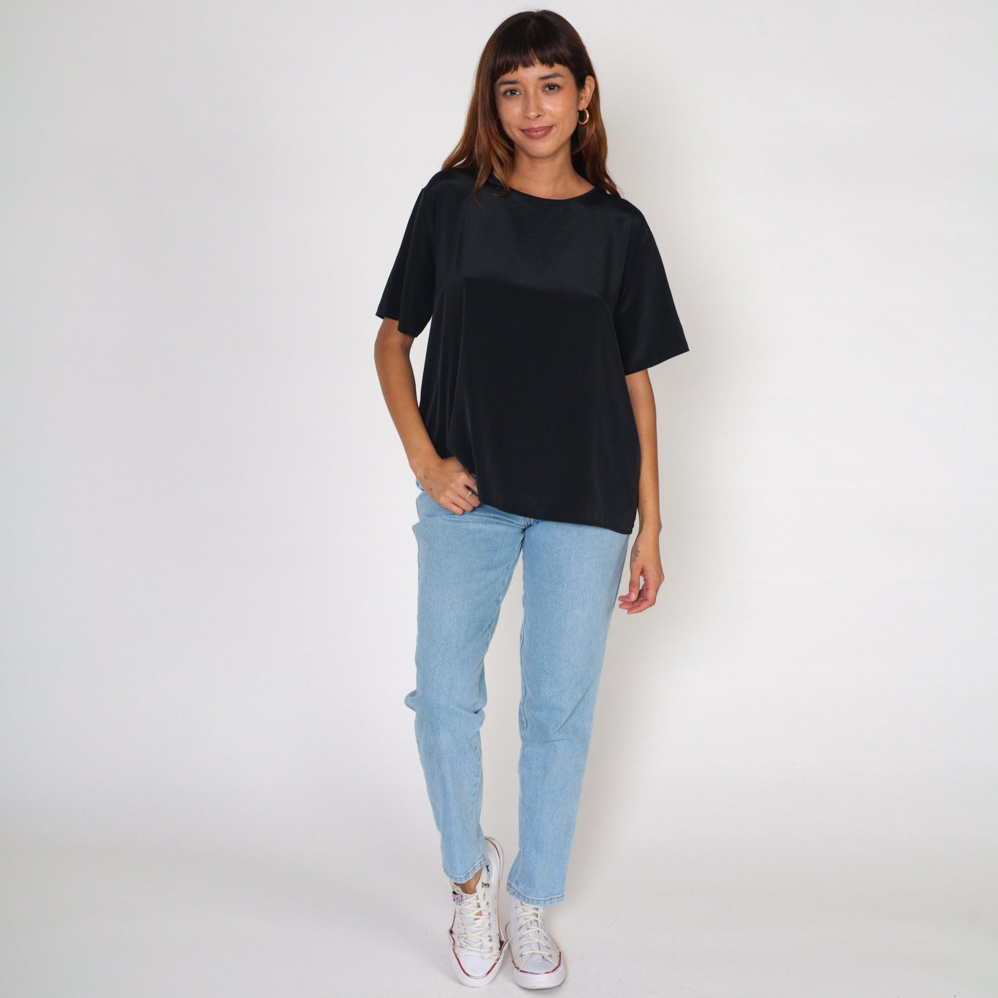 90s Bobbie and Brooks Black Blouse Keyhole Back Short Sleeve Large