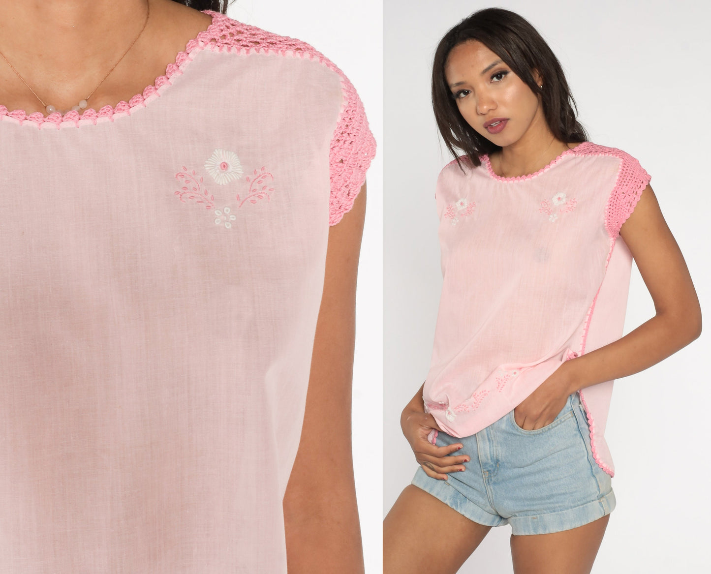 80s Baby Pink Floral Embroidered Blouse Crochet Cap Sleeve Small