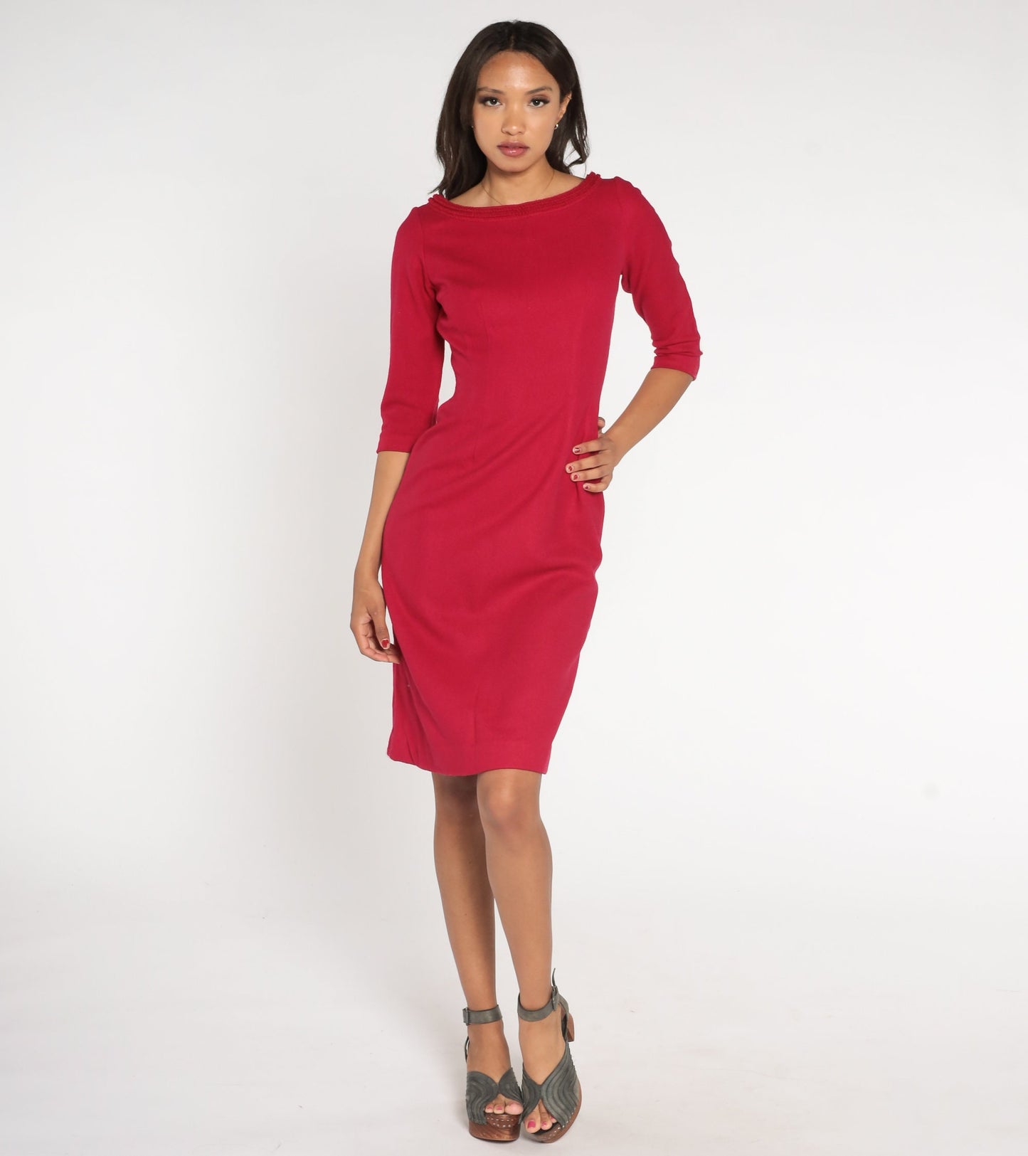 1960s Berry Wool Pencil Dress High Waist 3/4 Sleeve Knee Length Small