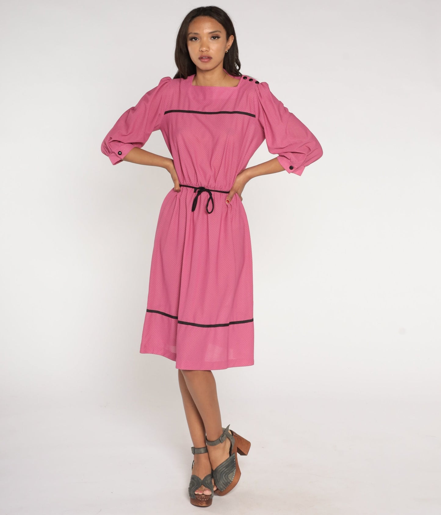 70s Pink Polka Dot Midi Dress Puff Sleeve High Waist Belted Small