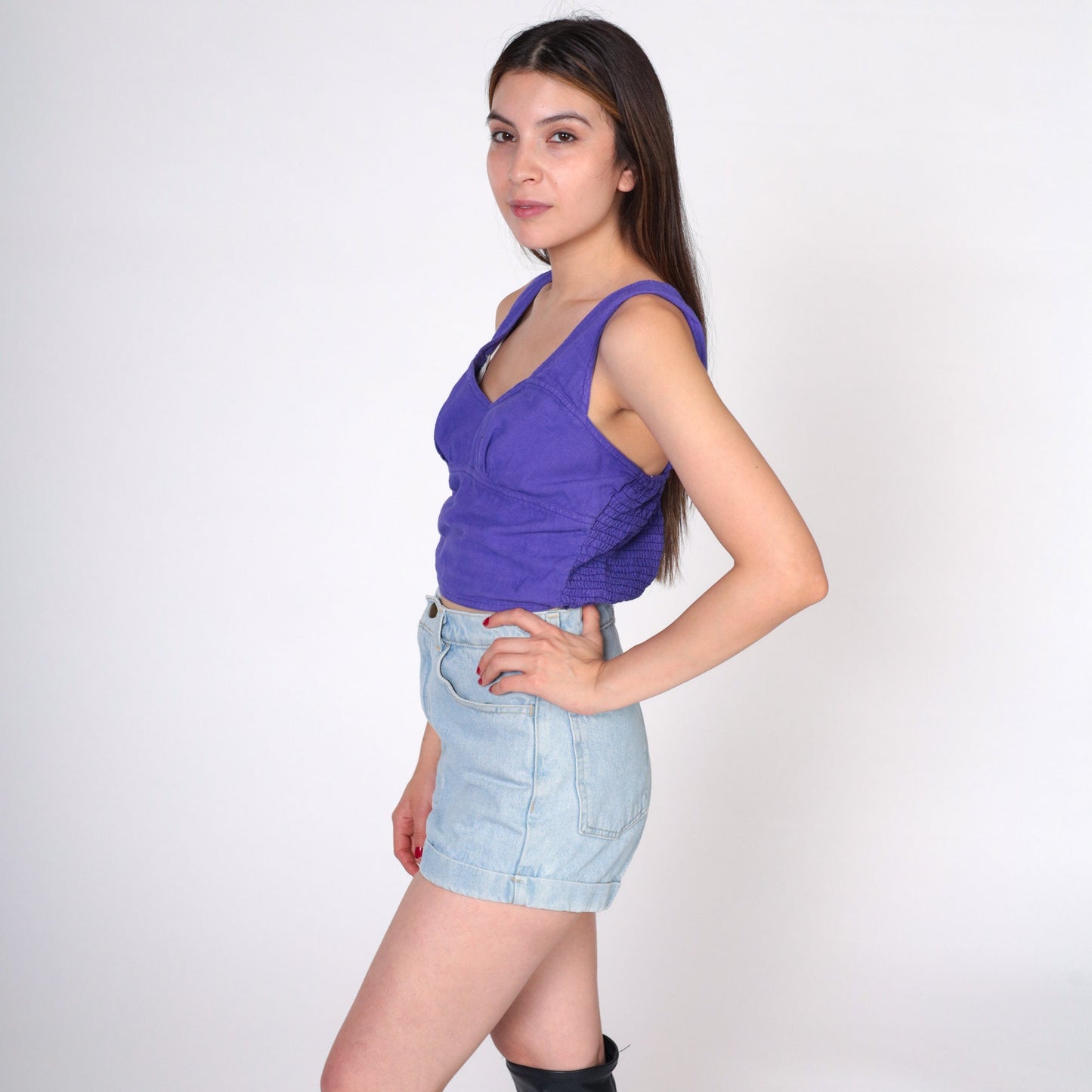 90s Purple Smocked Crop Top Sweetheart Neckline Cotton Tank Small
