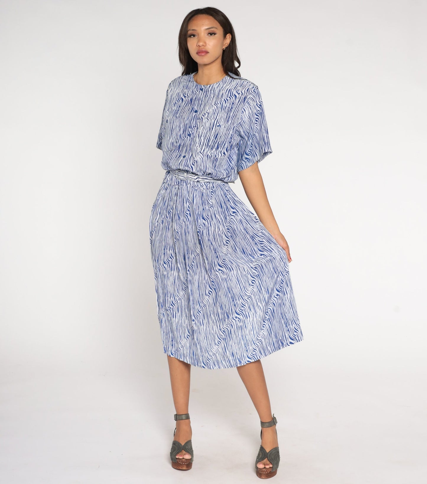 80s Blue White Striped Midi Shirtwaist Dress High Waisted Belted Large L