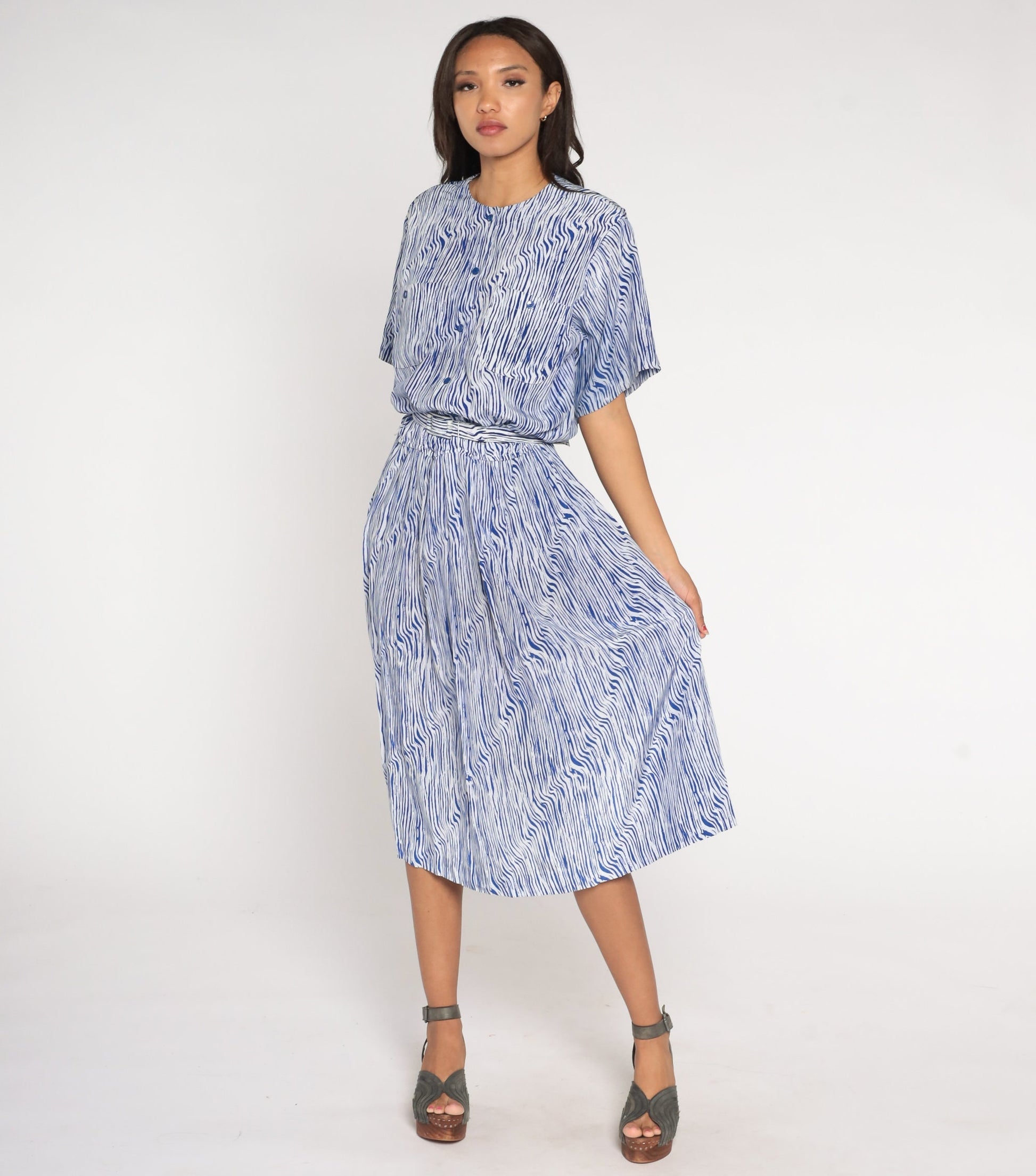 80s Blue White Striped Midi Shirtwaist Dress High Waisted Belted Large L