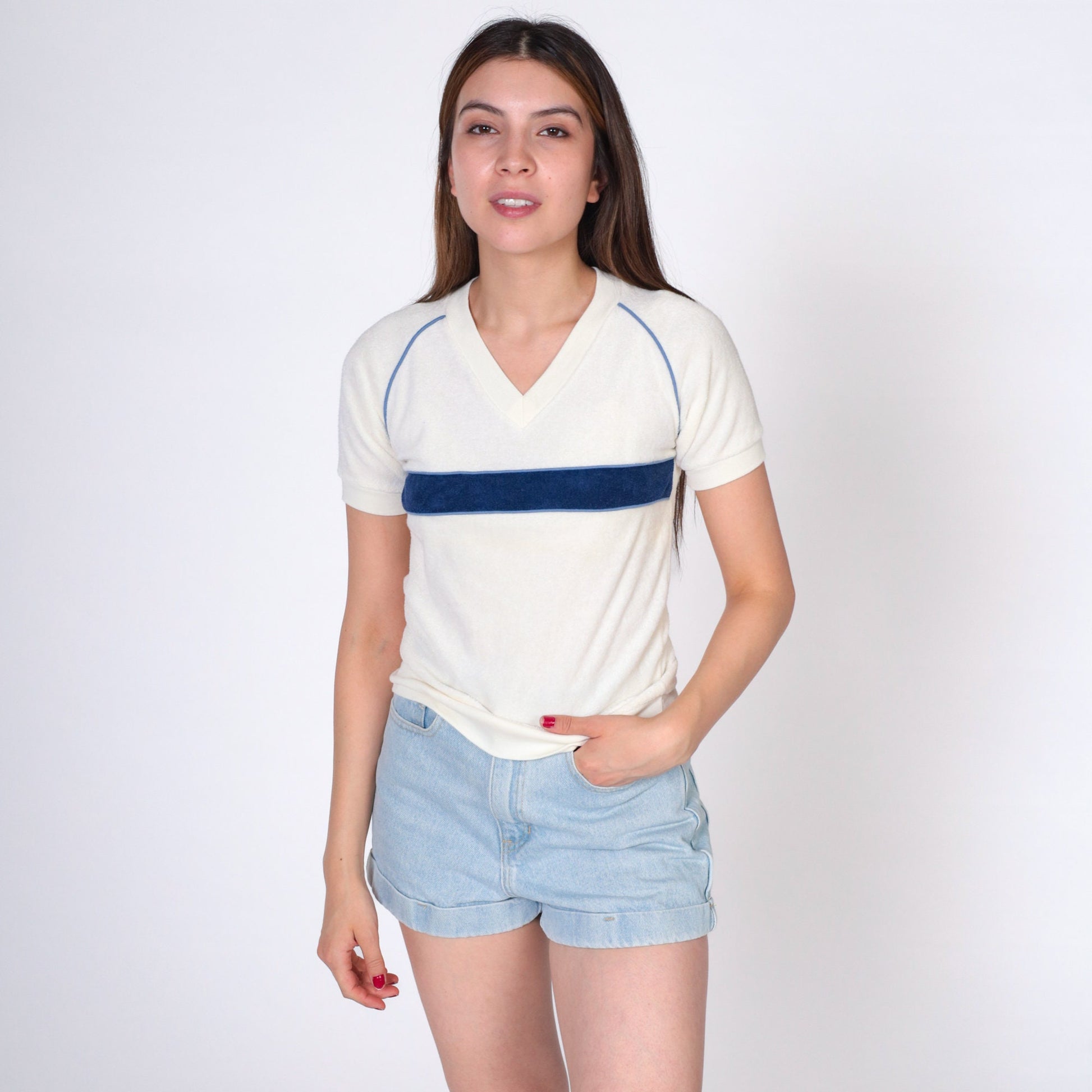 80s Mervyn's Terry Cloth V-Neck Raglan Tee Off-White Navy Stripe Extra Small