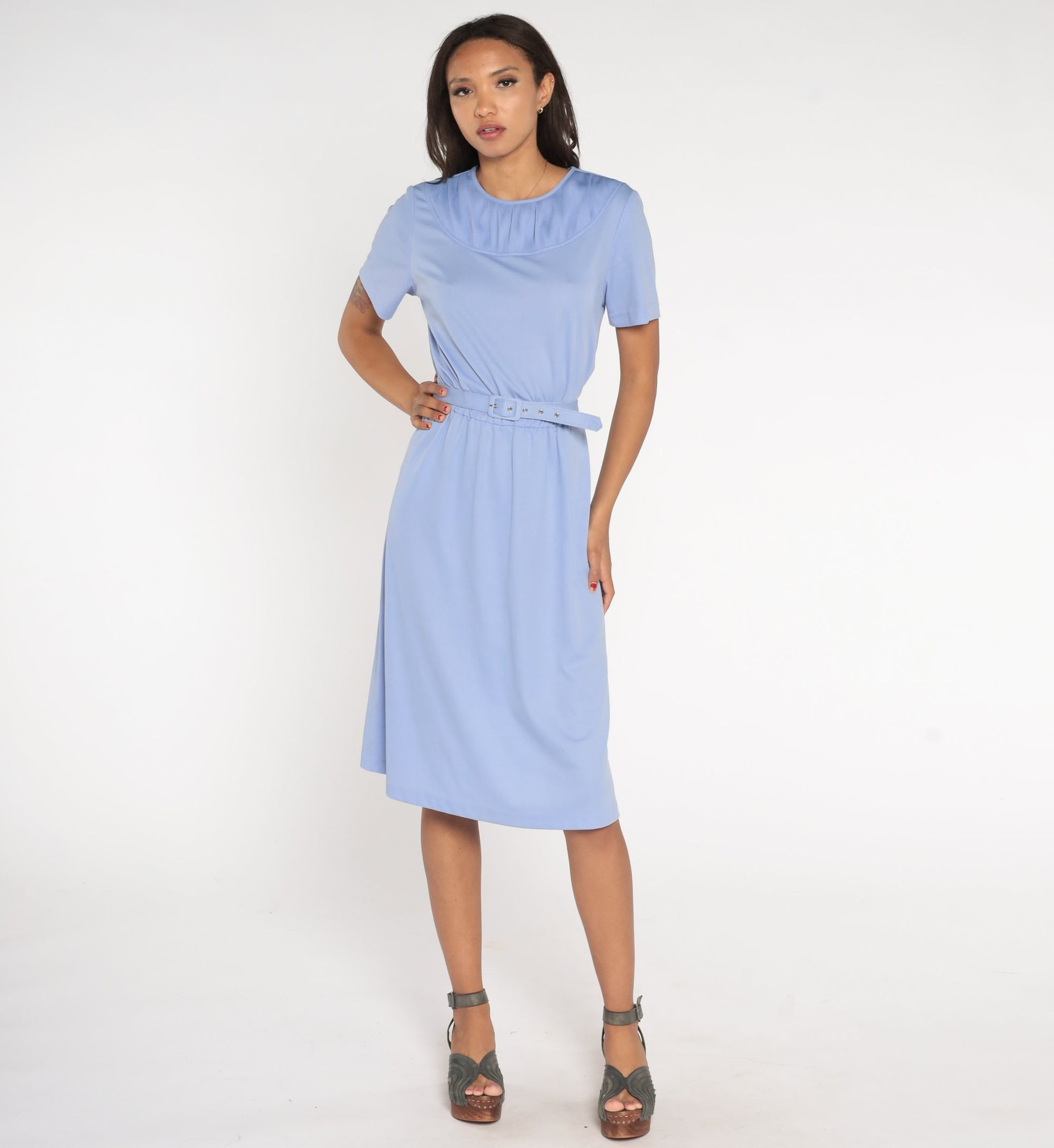 80s Periwinkle Midi Dress High Waisted Belted Short Sleeve Blue Large L