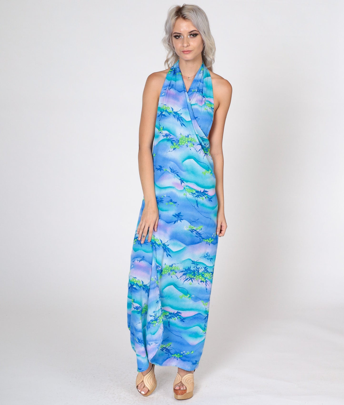 70s Blue Floral Halter Wrap Dress V-Neck Maxi Sundress Small Medium