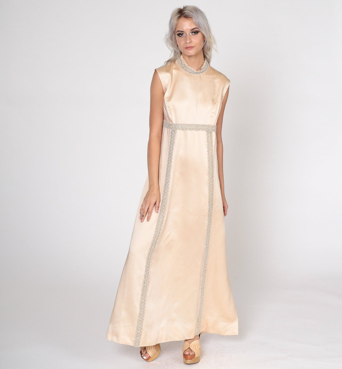 60s Champagne Beaded Maxi Dress Empire Waist Sleeveless Small S