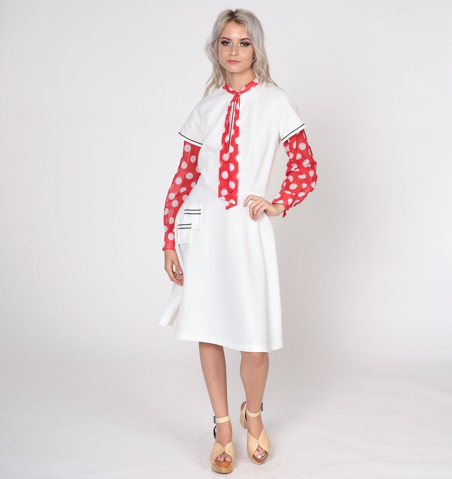 70s Mod Ascot Dress White Polka Dot High Waist Midi Long Sleeve Small