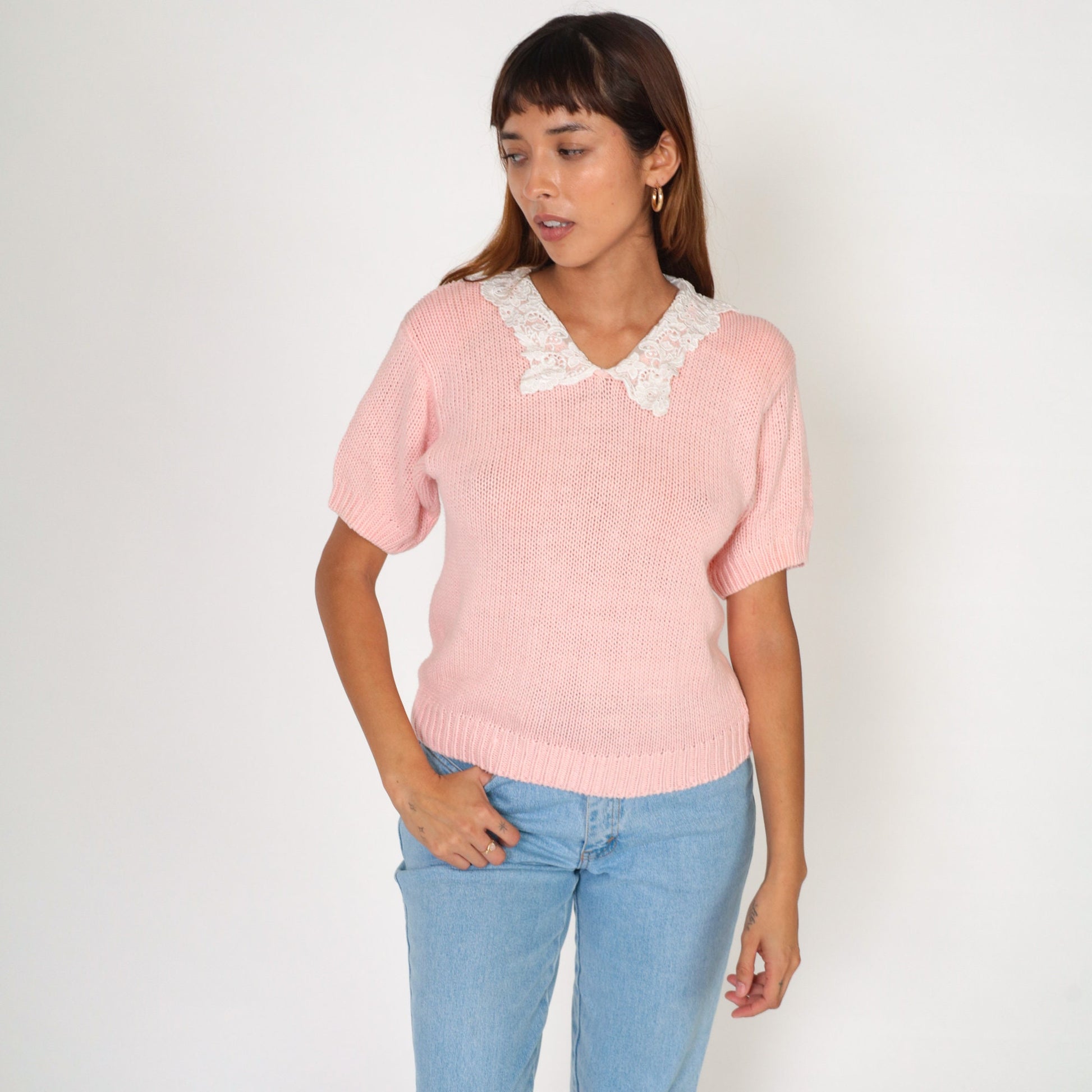 90s Baby Pink Knit Top Lace Granny Collar Short Sleeve Small
