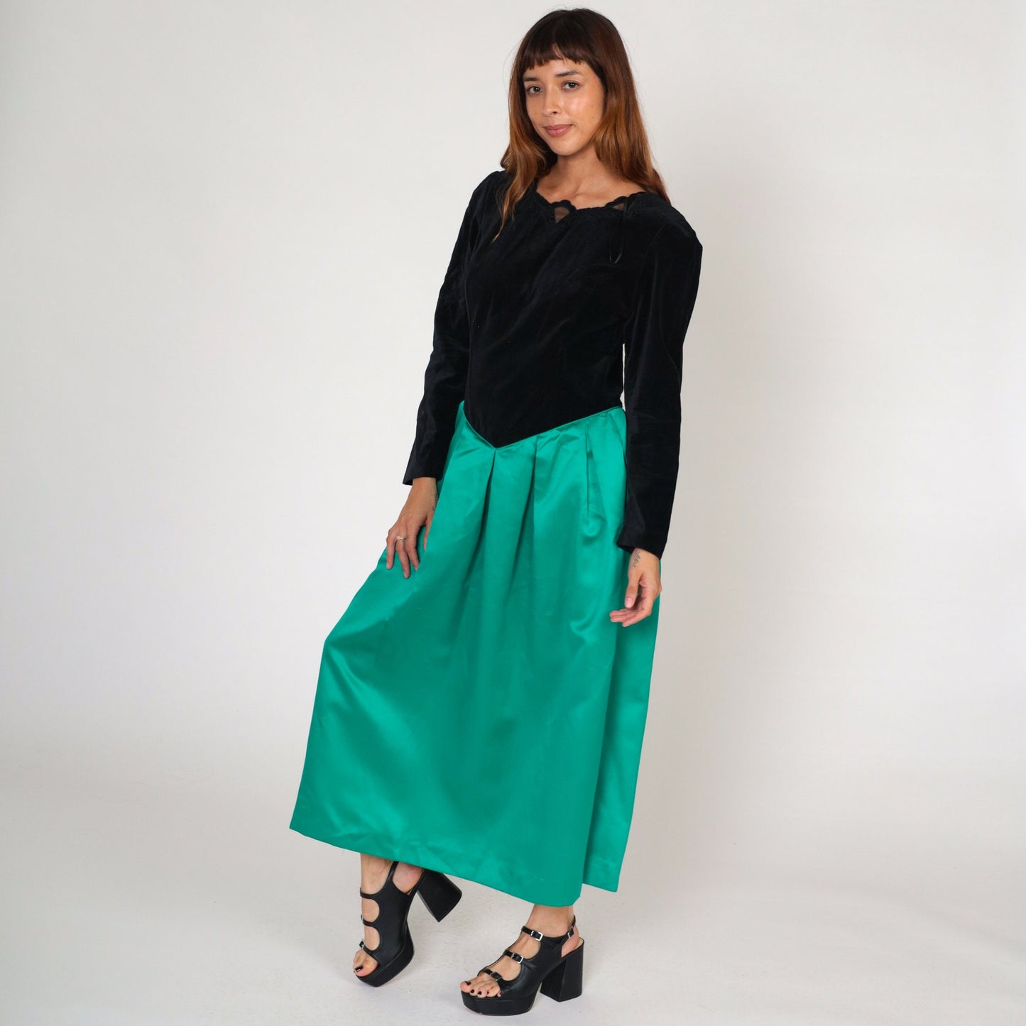 80s Susan Bristol Velvet Maxi Dress Black Green Basque Waist Long Sleeve Medium