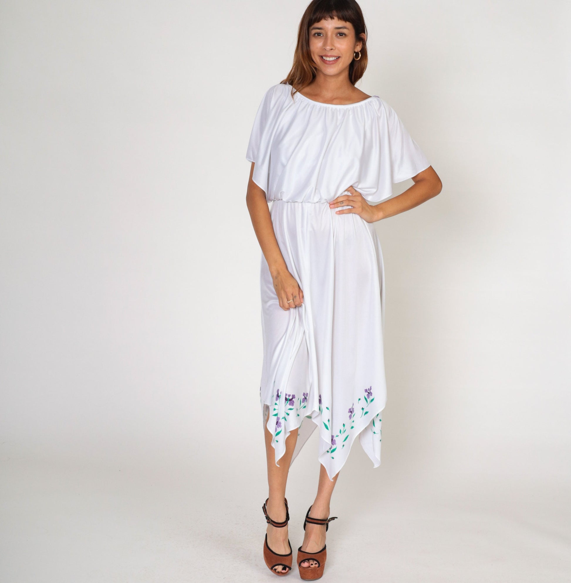 70s White Grecian Midi Dress Painted Floral Hanky Hem Flutter Sleeve Small