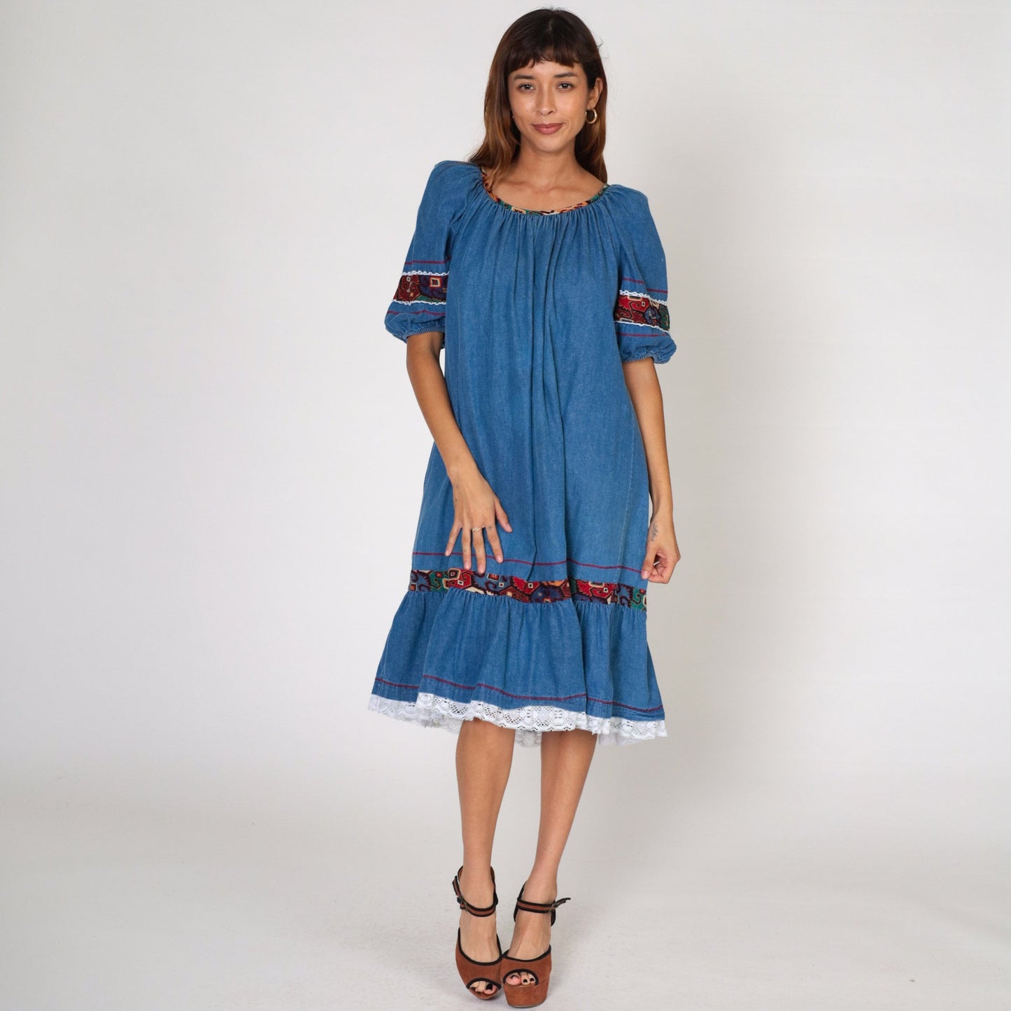 80s Appel Denim Midi Dress Puff Sleeve Southwestern Lace Trim Blue Medium