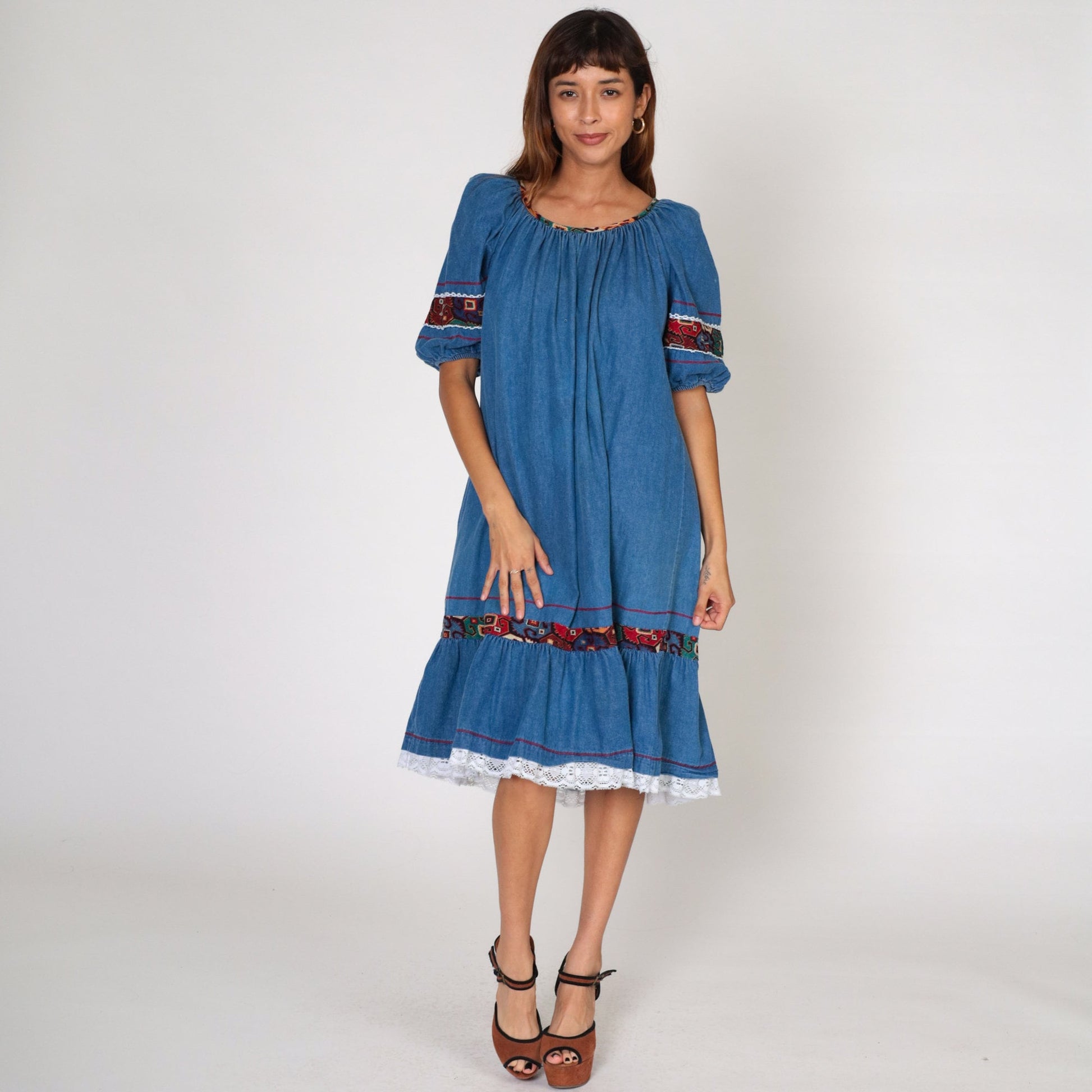 80s Appel Denim Midi Dress Puff Sleeve Southwestern Lace Trim Blue Medium