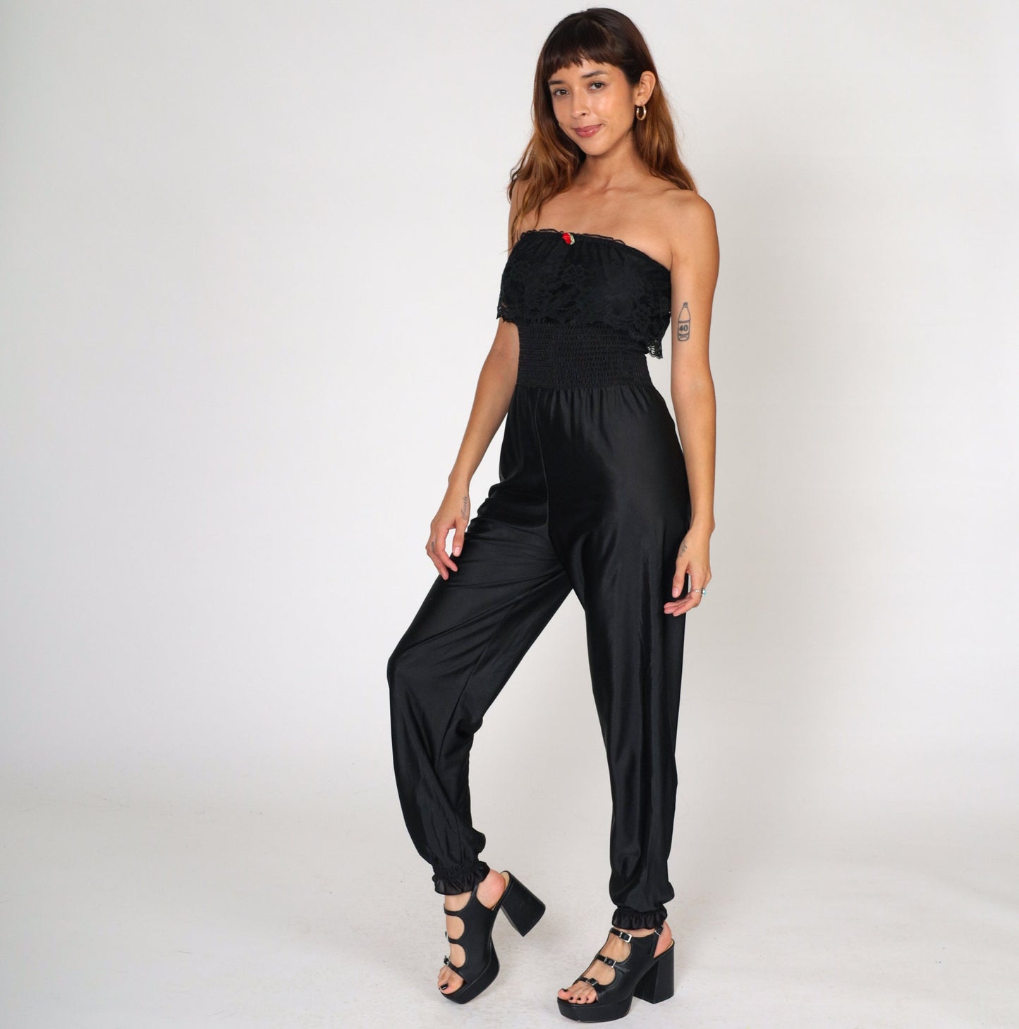 80s Black Nylon Lingerie Jumpsuit Strapless Smocked Lace High Waist Extra Small