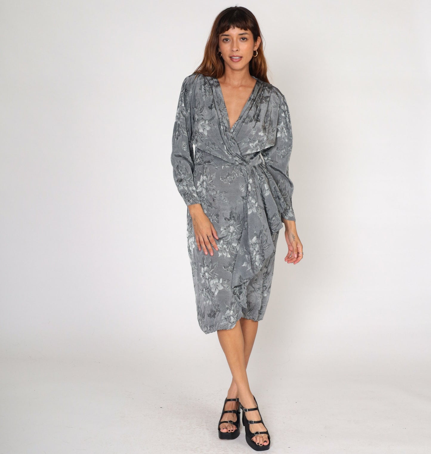90s April Rain Floral Wrap Dress Grey Embossed Midi Deep V Neck Medium