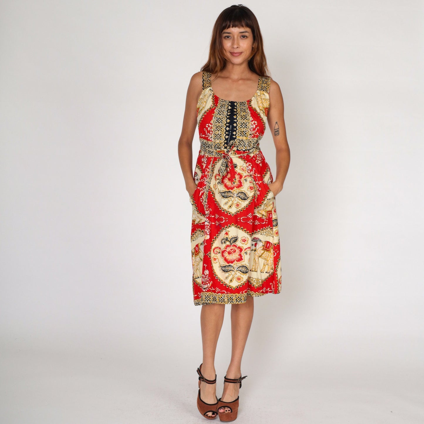 Y2K Red Batik Floral Elephant Midi Wrap Dress Cotton Sleeveless Pockets Medium Large