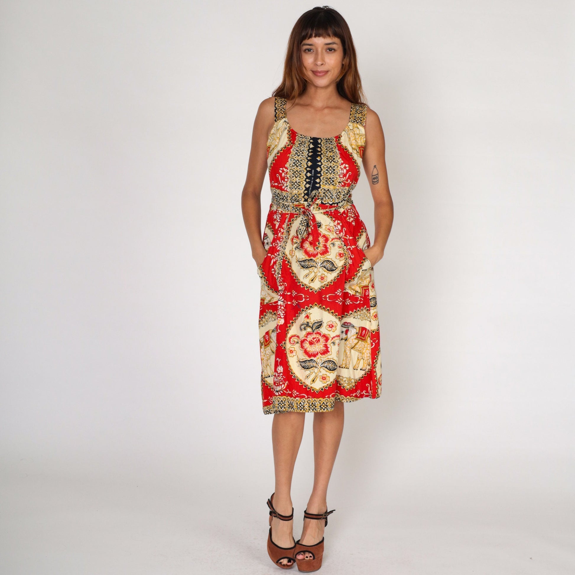 Y2K Red Batik Floral Elephant Midi Wrap Dress Cotton Sleeveless Pockets Medium Large