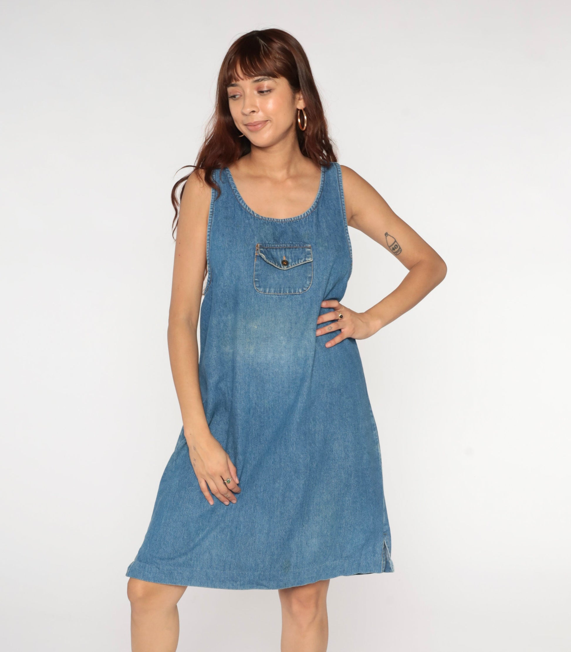 90s Blue Denim Jumper Dress Mini Length Chest Pocket Sleeveless Large