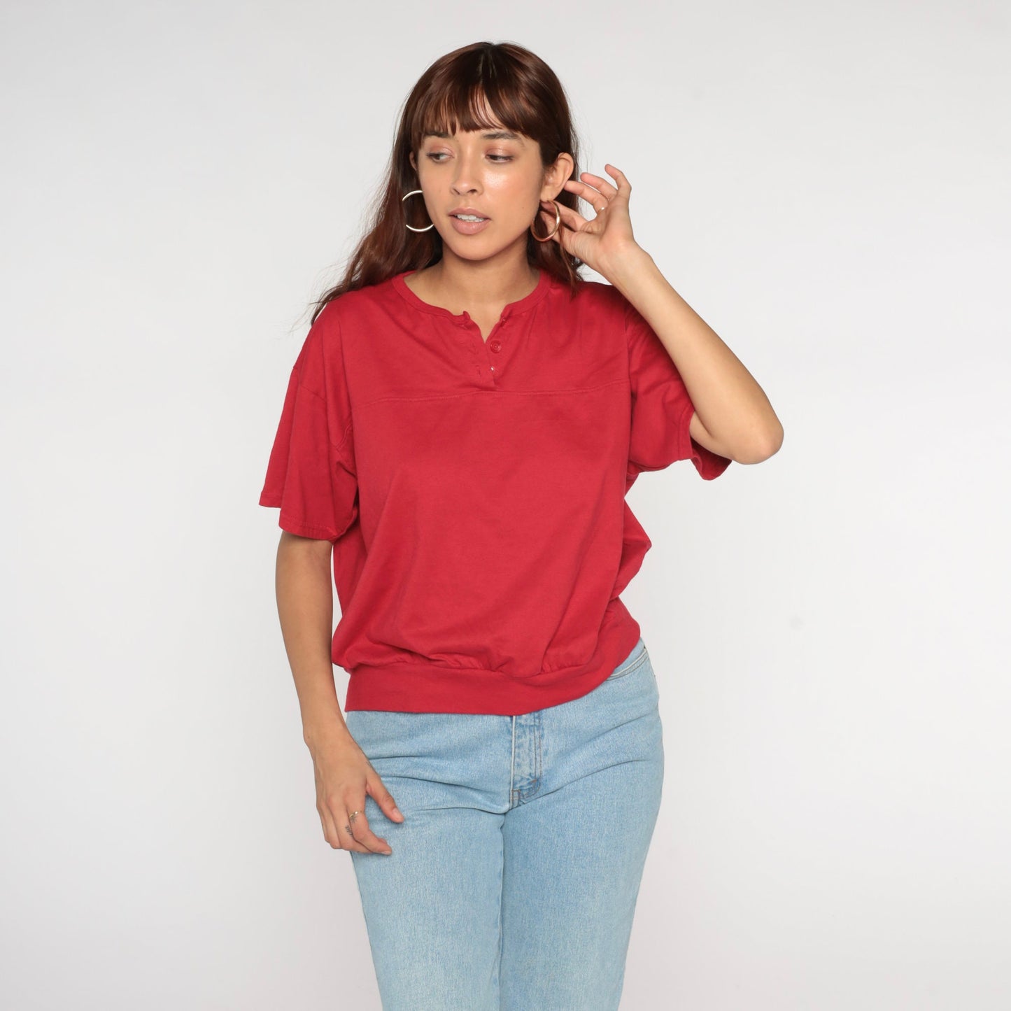 90s Red Henley Shirt Short Sleeve Banded Hem Extra Large XL