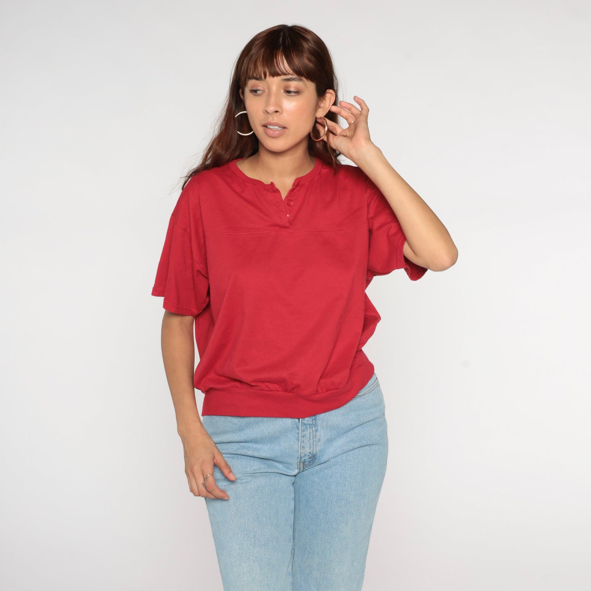 90s Red Henley Shirt Short Sleeve Banded Hem Extra Large XL